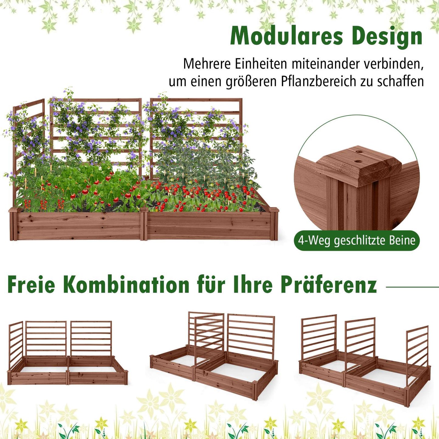 Raised Garden Bed with Trellis, Fir Wood, 222x114x110 cm