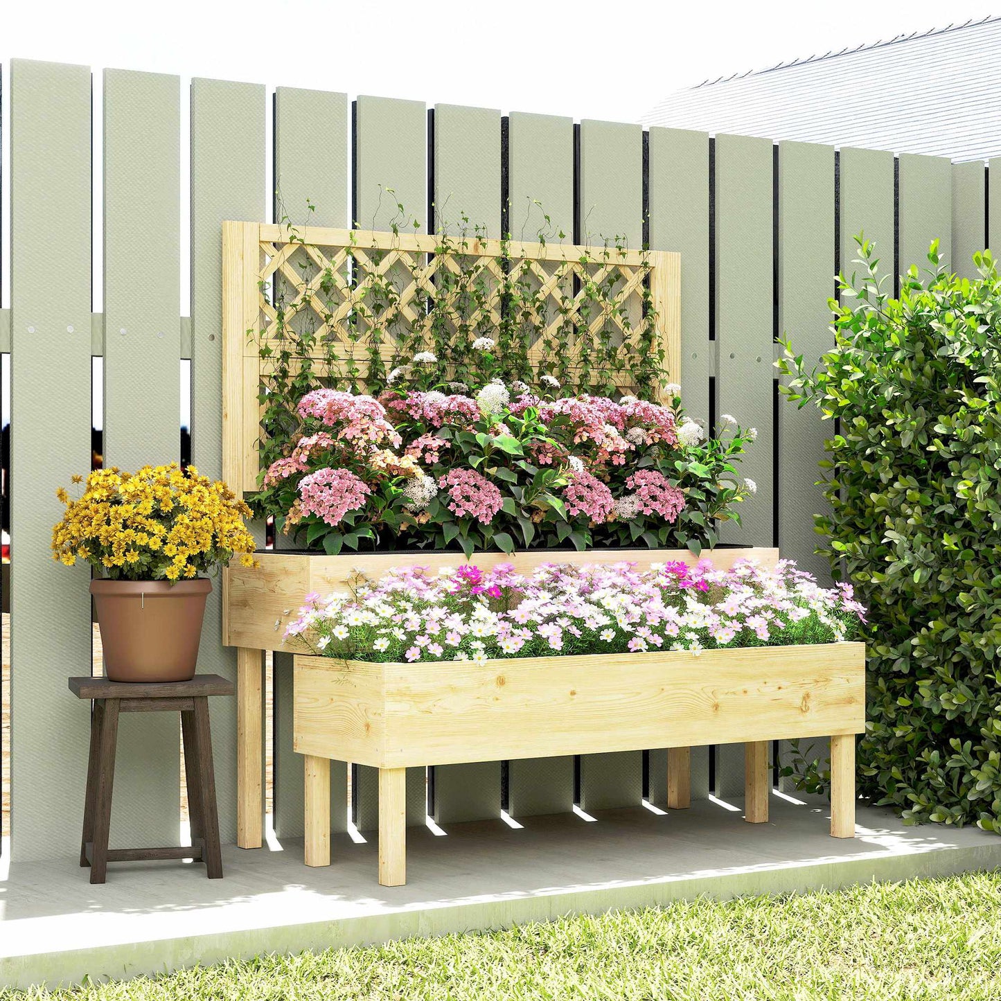 Raised Garden Bed with Trellis, Tiered Wood Planter Box