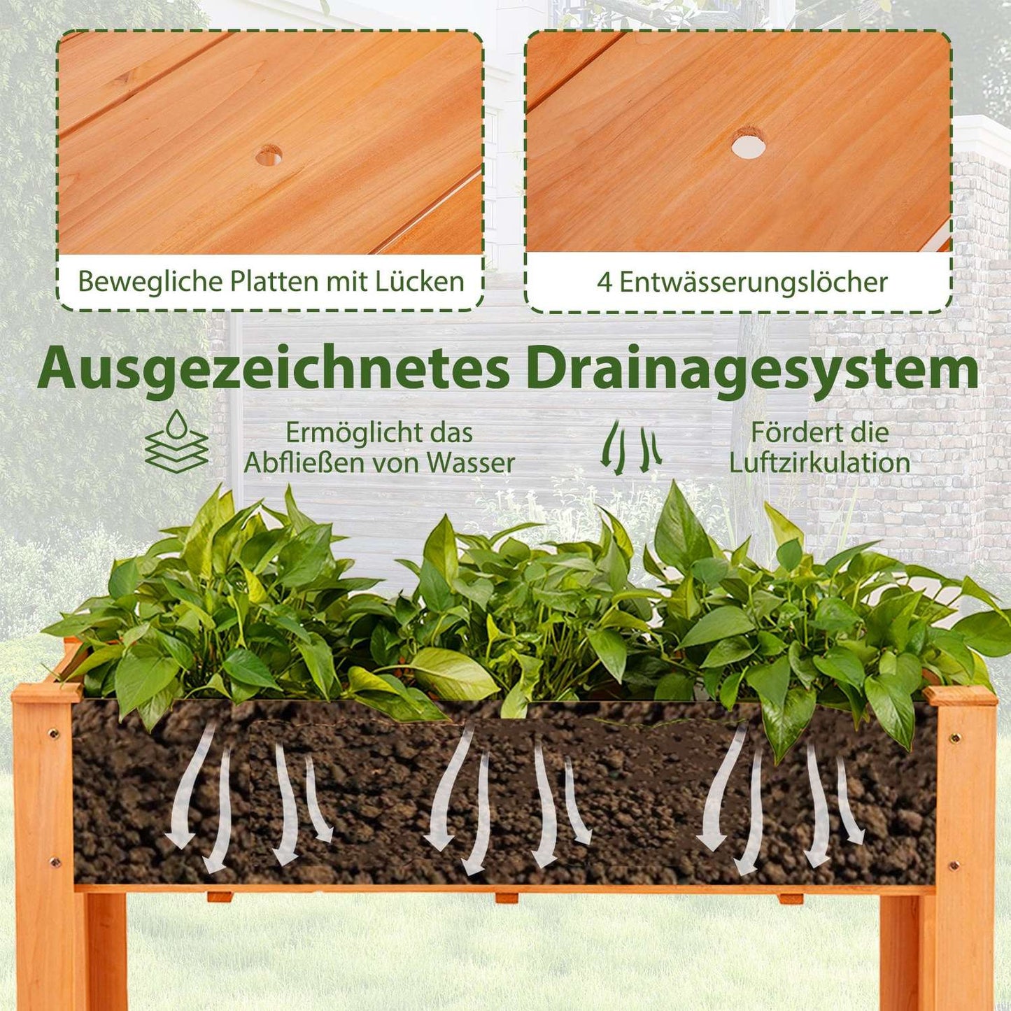 Raised Wooden Garden Bed with Drainage Holes, 120x60x82 cm