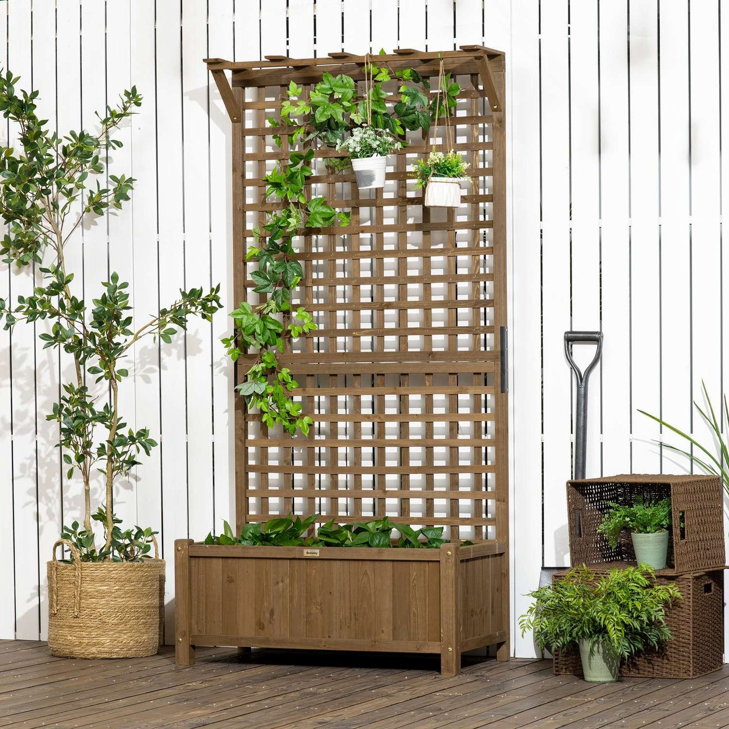 Raised wooden bed with trellis for climbing plants, 90x45x183 cm