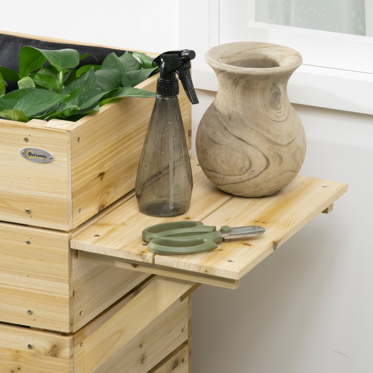 Raised wooden planter with table & storage, 105 x 39.5 cm