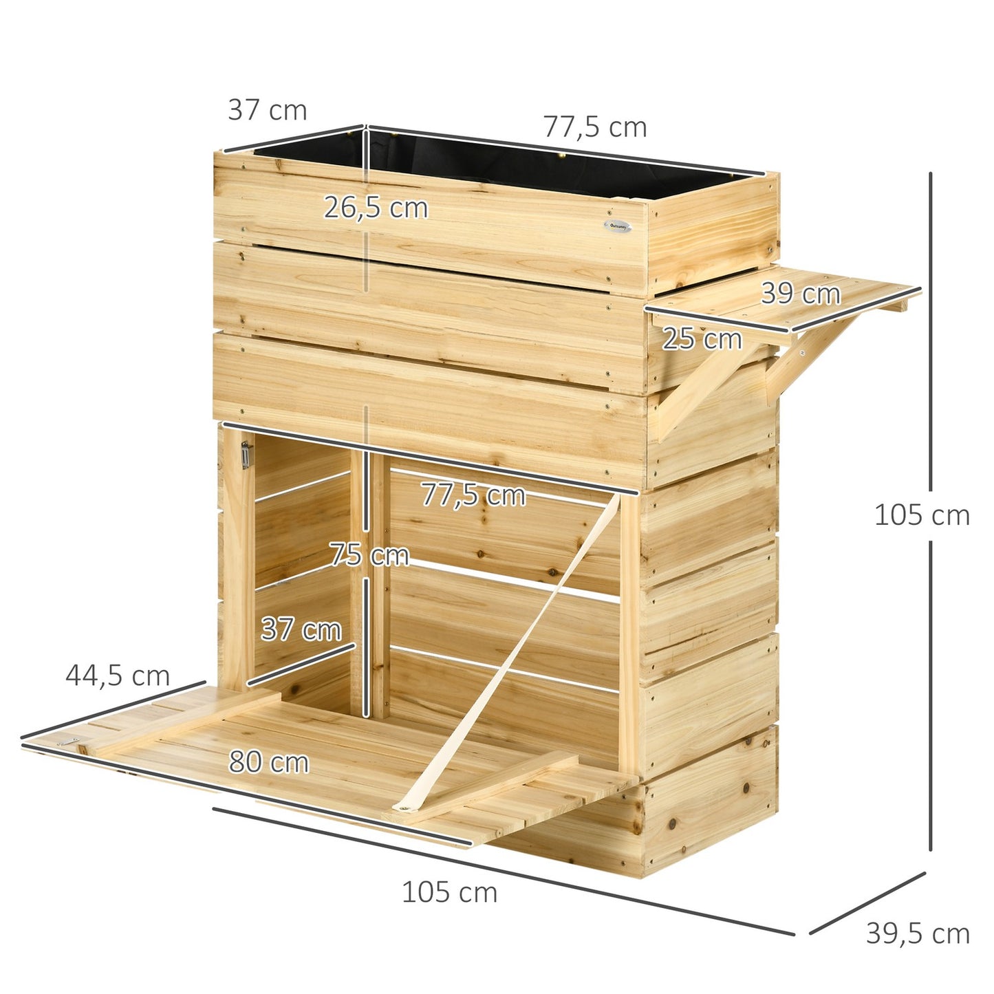 Raised wooden planter with table & storage, 105 x 39.5 cm