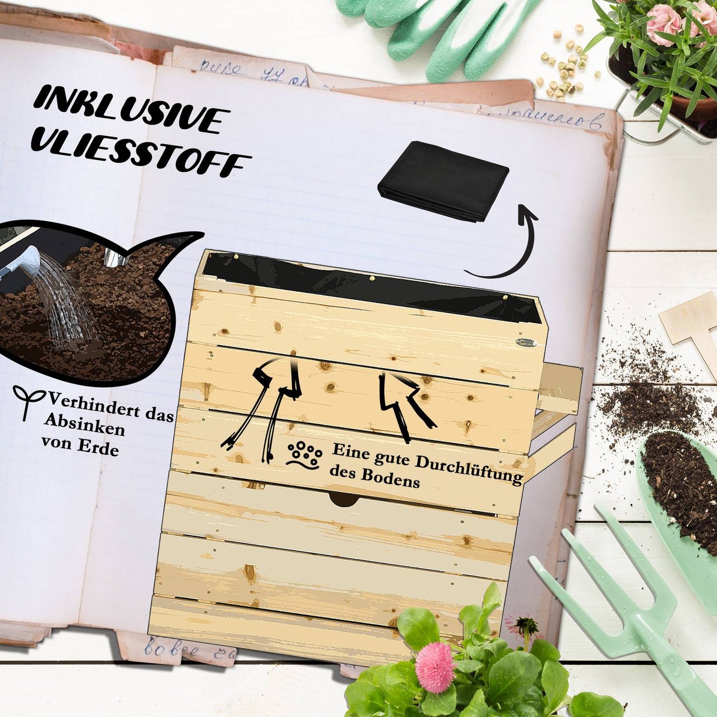 Raised wooden planter with table & storage, 105 x 39.5 cm