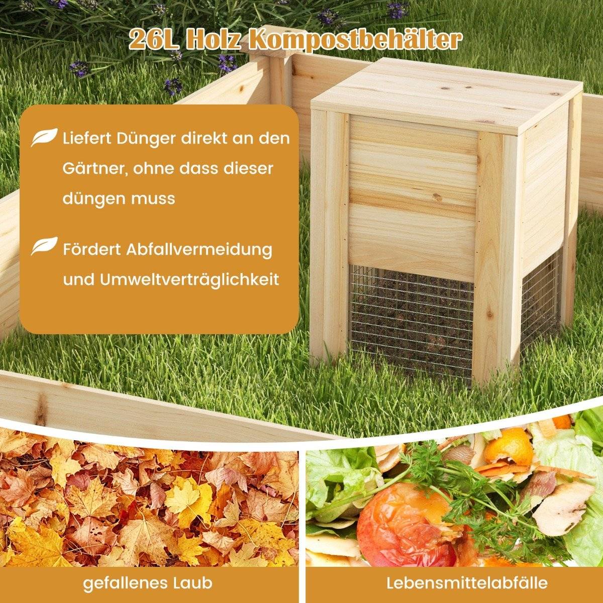 Raised bed with compost bin wooden garden bed 300 L capacity plant box 124 x 124 x 25.5 cm