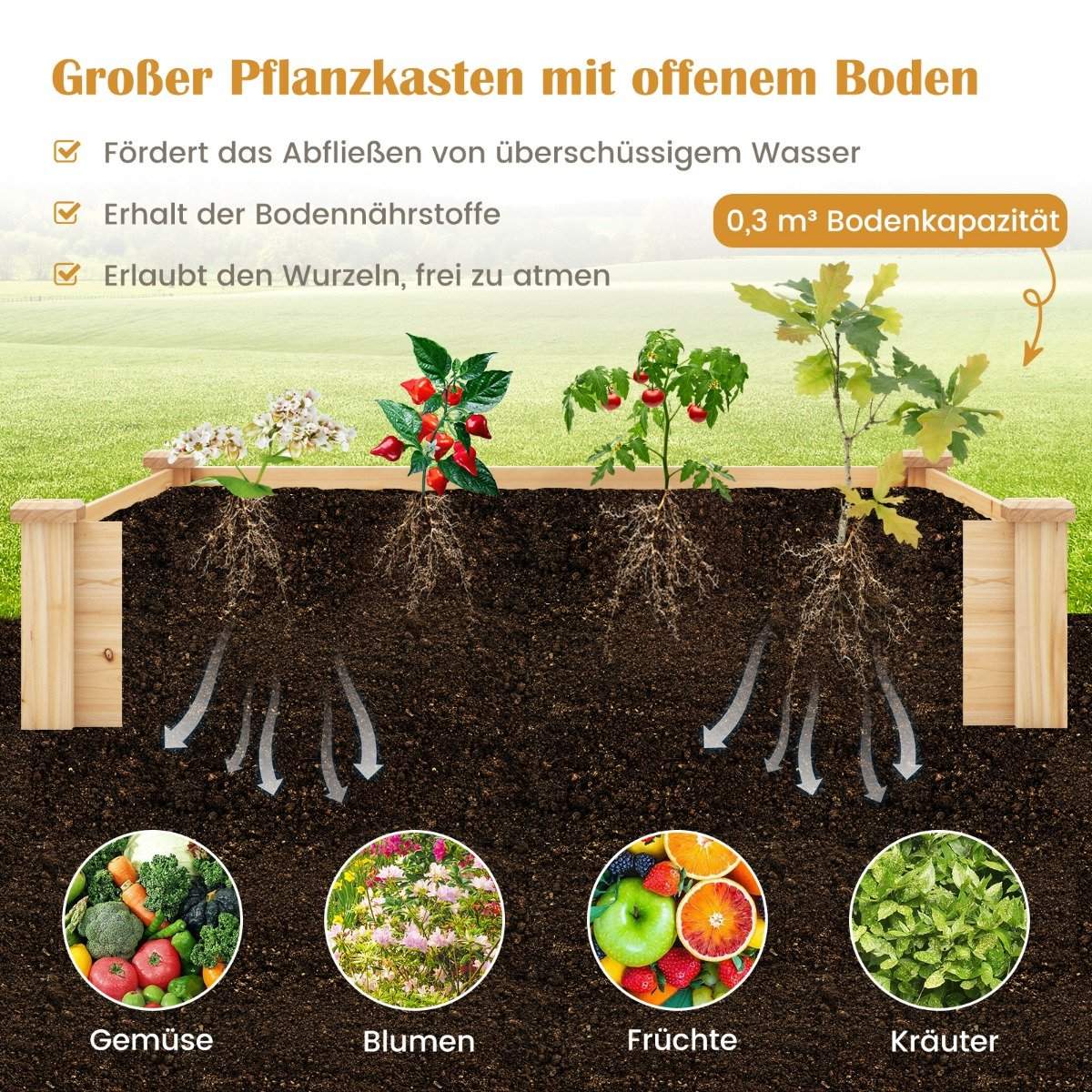 Raised bed with compost bin wooden garden bed 300 L capacity plant box 124 x 124 x 25.5 cm