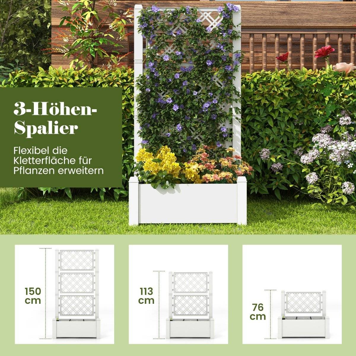 Raised bed with trellis, 3 levels height adjustable, flower box with trellis 76 x 45 x 150 cm white