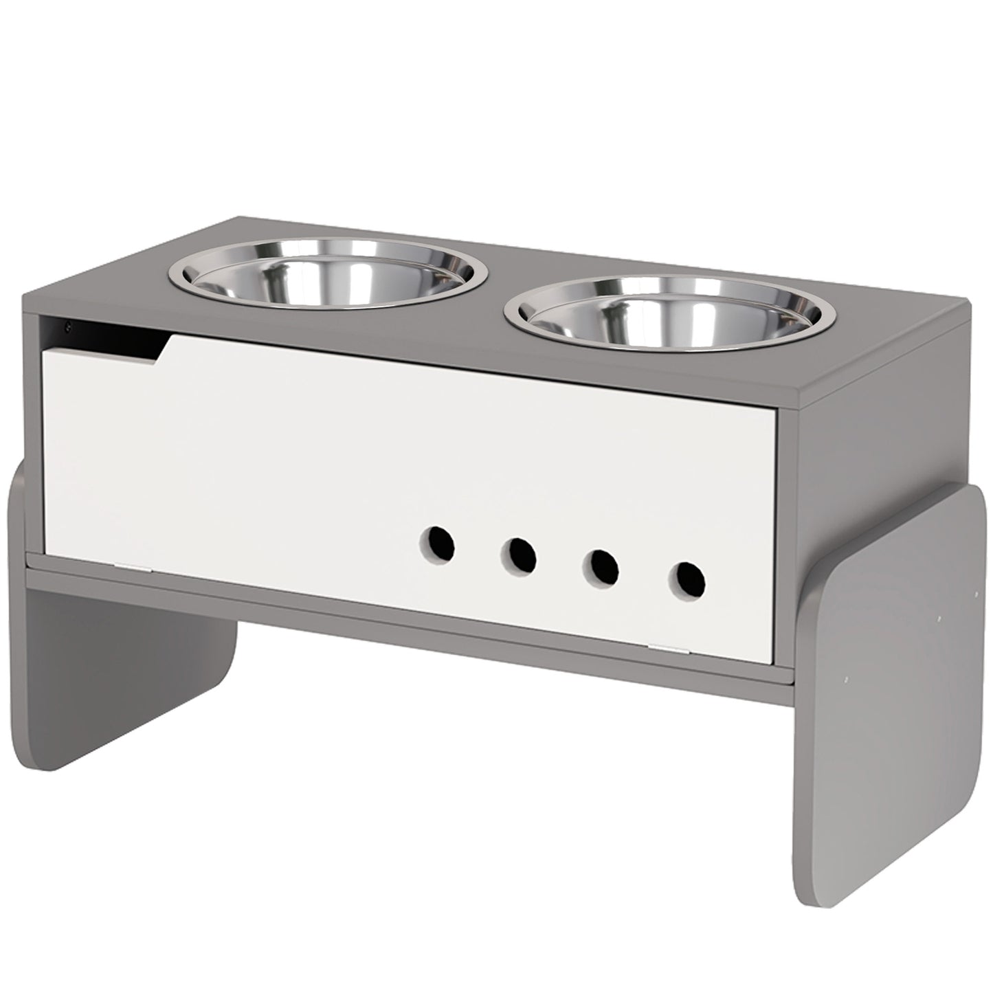 Adjustable raised dog bowl with storage, 2x 2L bowls, grey