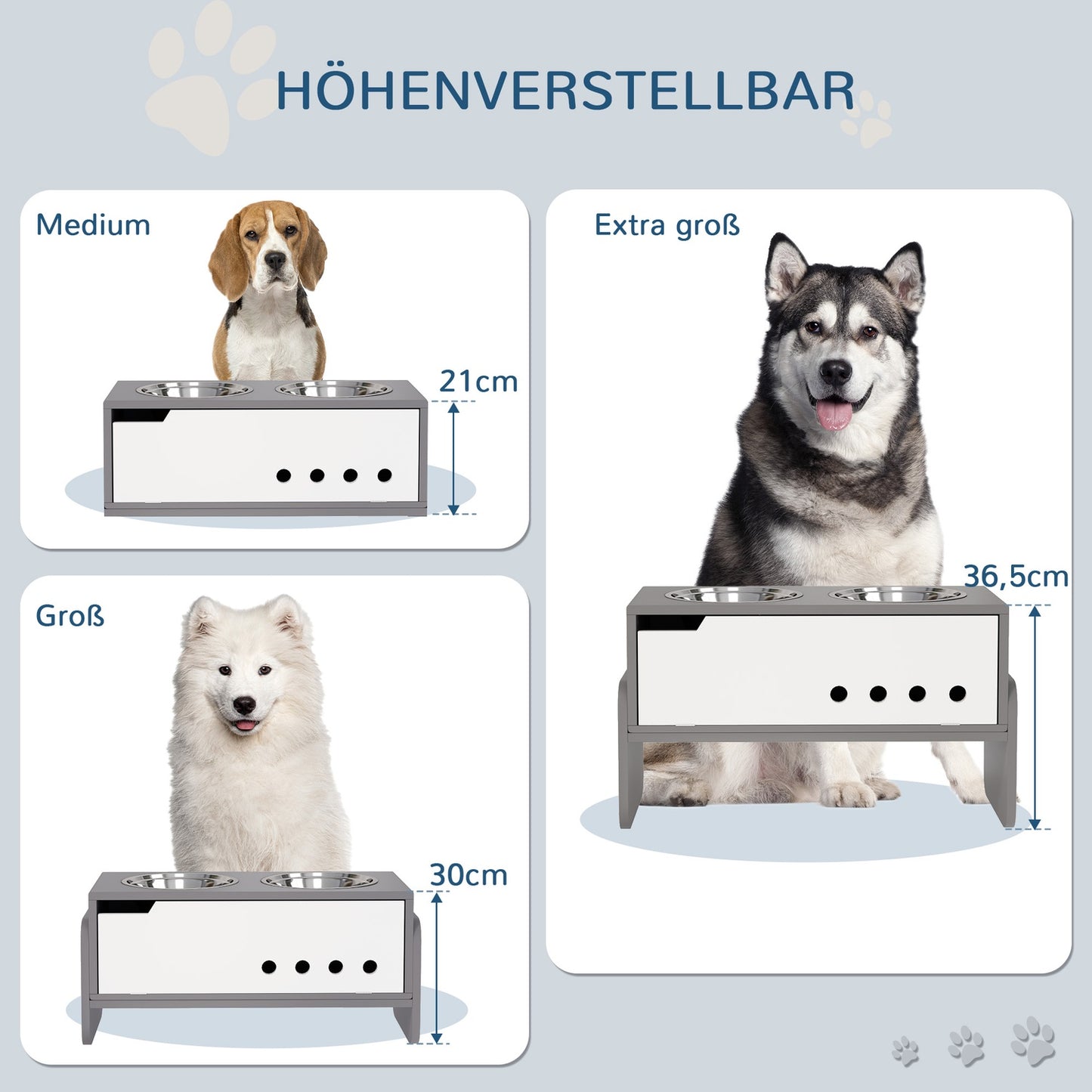Adjustable raised dog bowl with storage, 2x 2L bowls, grey