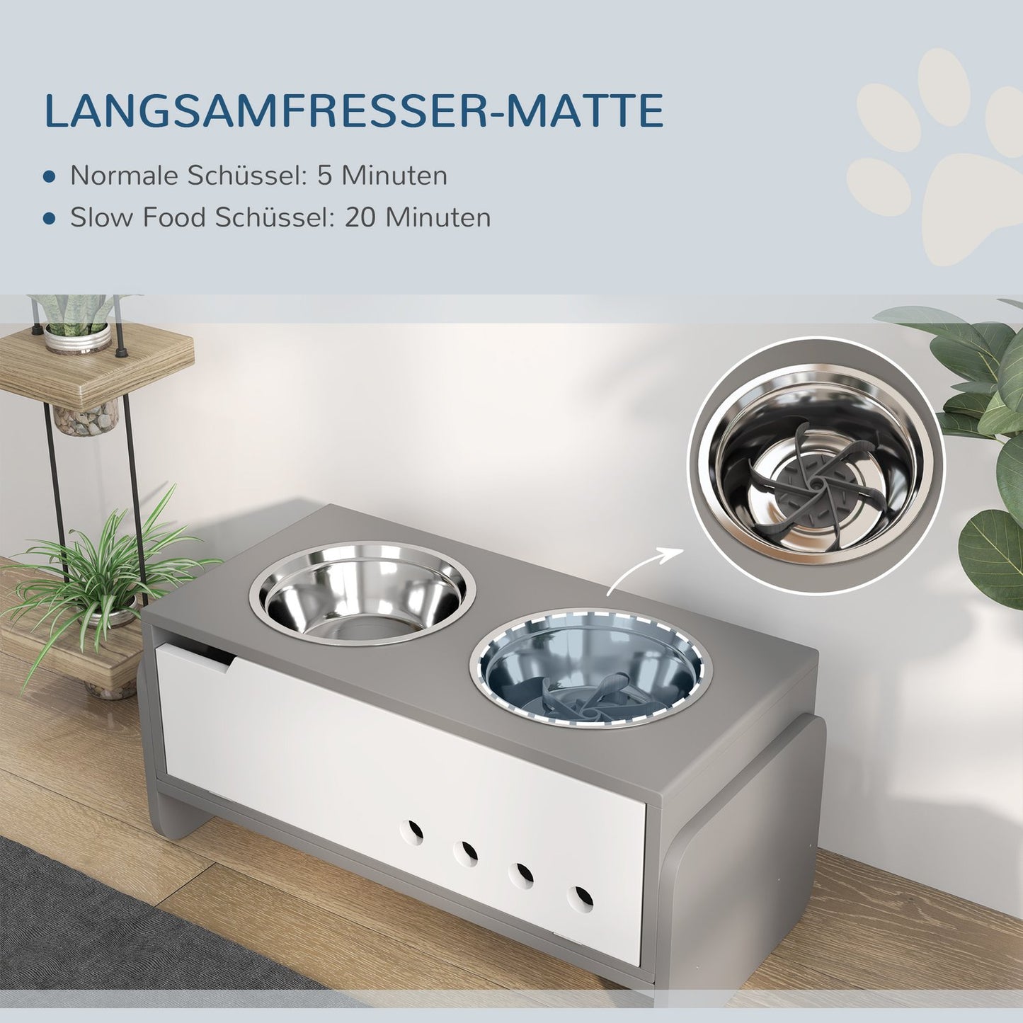 Adjustable raised dog bowl with storage, 2x 2L bowls, grey