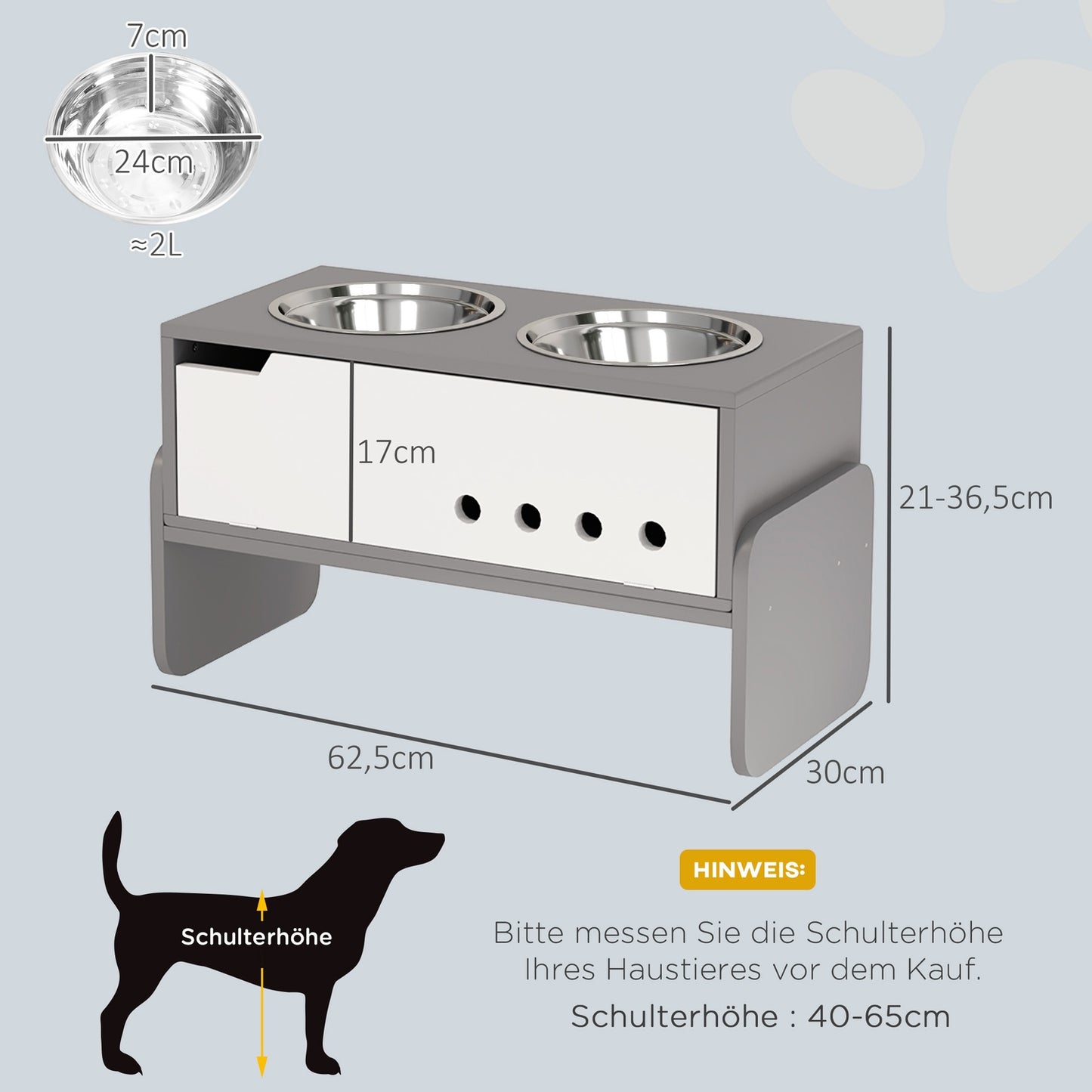 Adjustable raised dog bowl with storage, 2x 2L bowls, grey