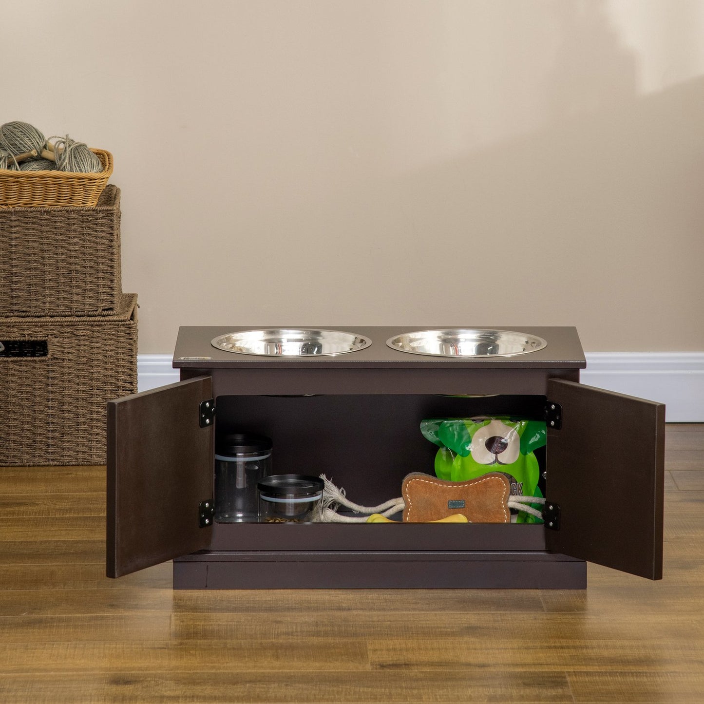 Raised dog bowls with storage, 2 bowls for large dogs