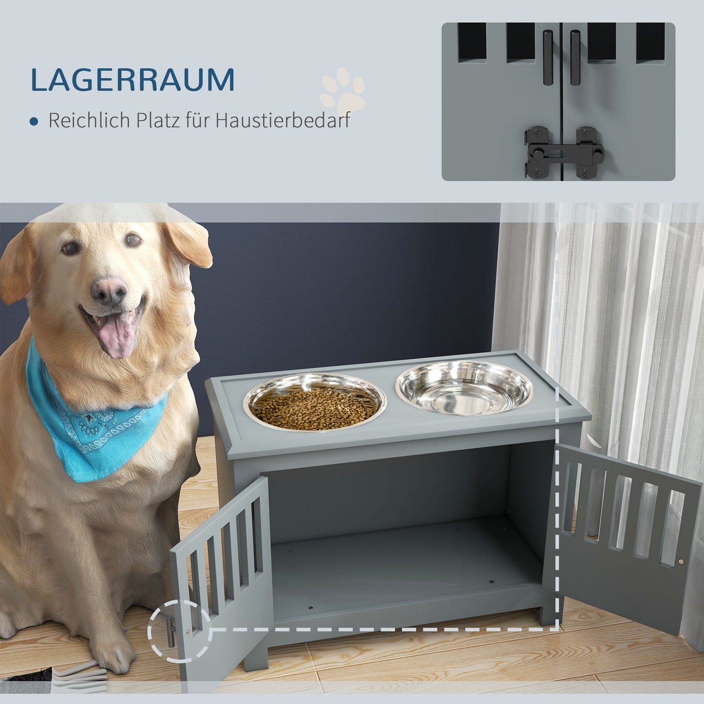 Raised feeding station for large dogs, 2 stainless steel bowls, storage space, 35.5x60x30 cm, grey