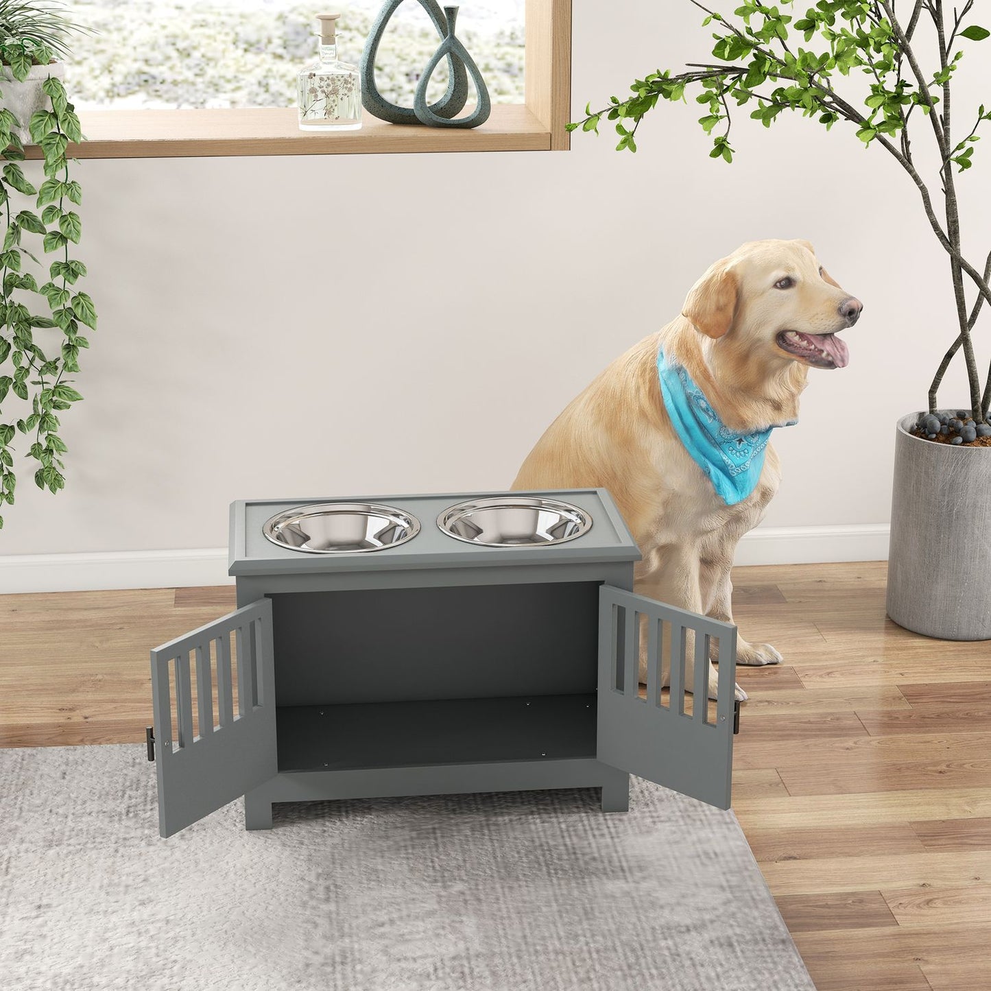 Raised feeding station for large dogs, 2 stainless steel bowls, storage space, 35.5x60x30 cm, grey