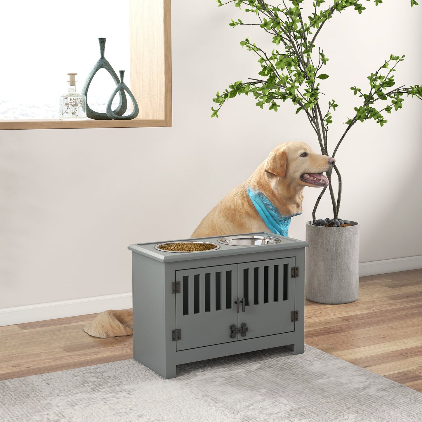 Raised feeding station for large dogs, 2 stainless steel bowls, storage space, 35.5x60x30 cm, grey