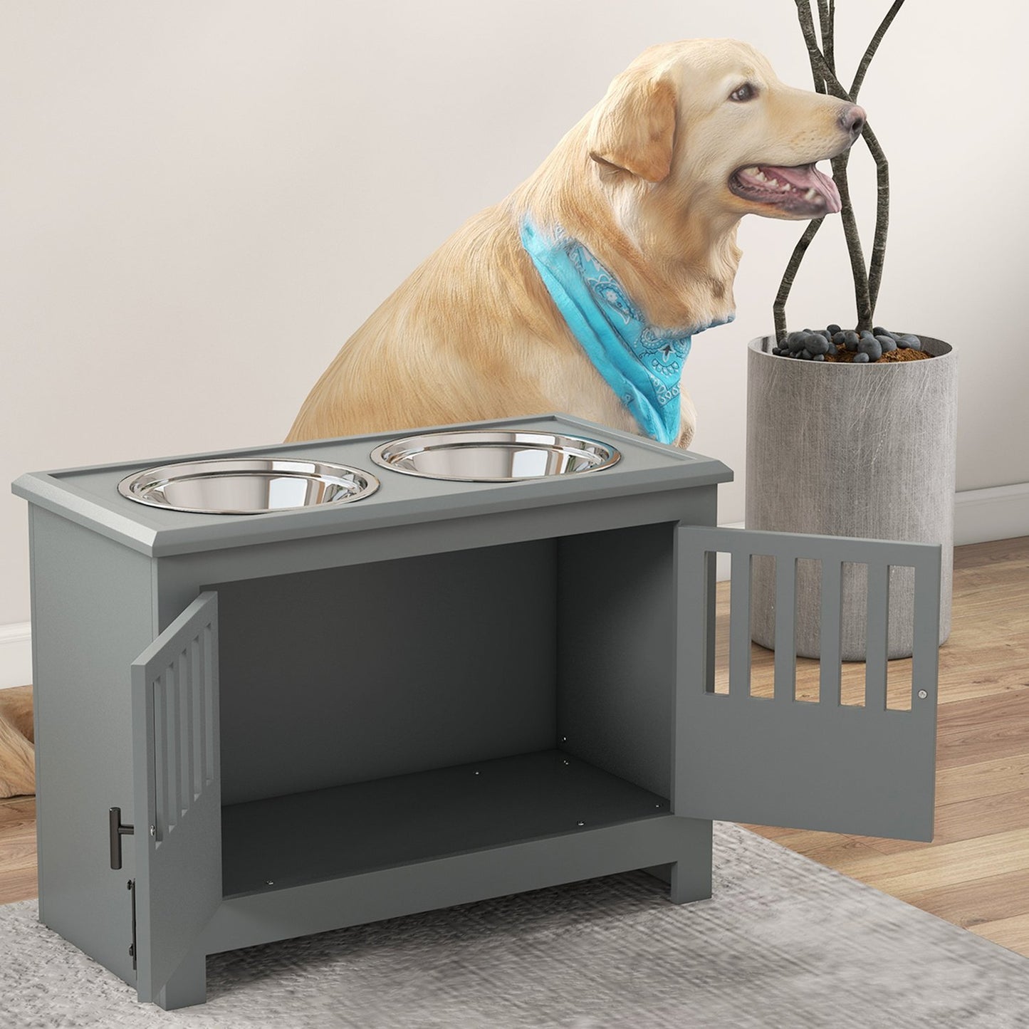 Raised feeding station for large dogs, 2 stainless steel bowls, storage space, 35.5x60x30 cm, grey