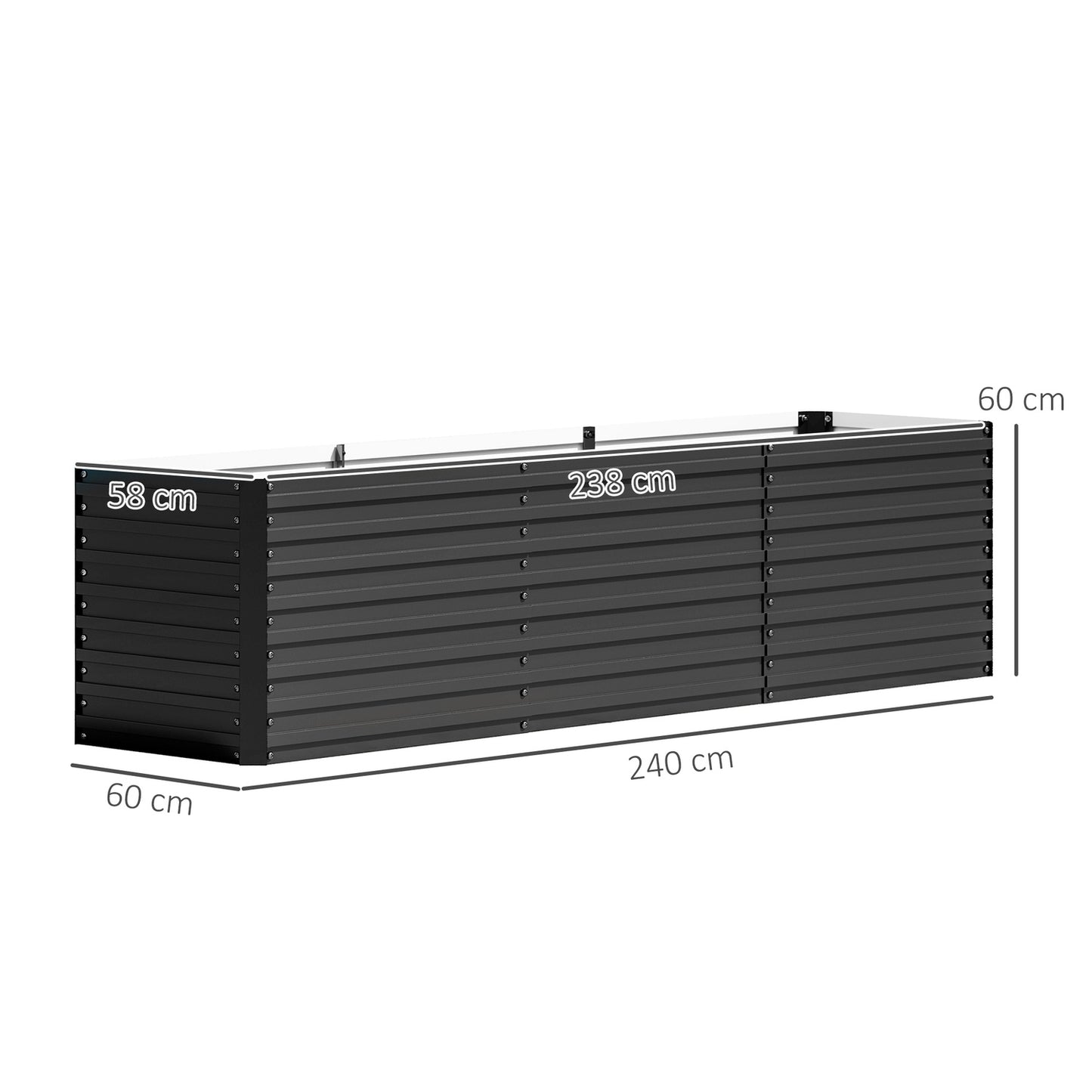 Raised garden bed in galvanized steel, weatherproof, 240x60x60 cm