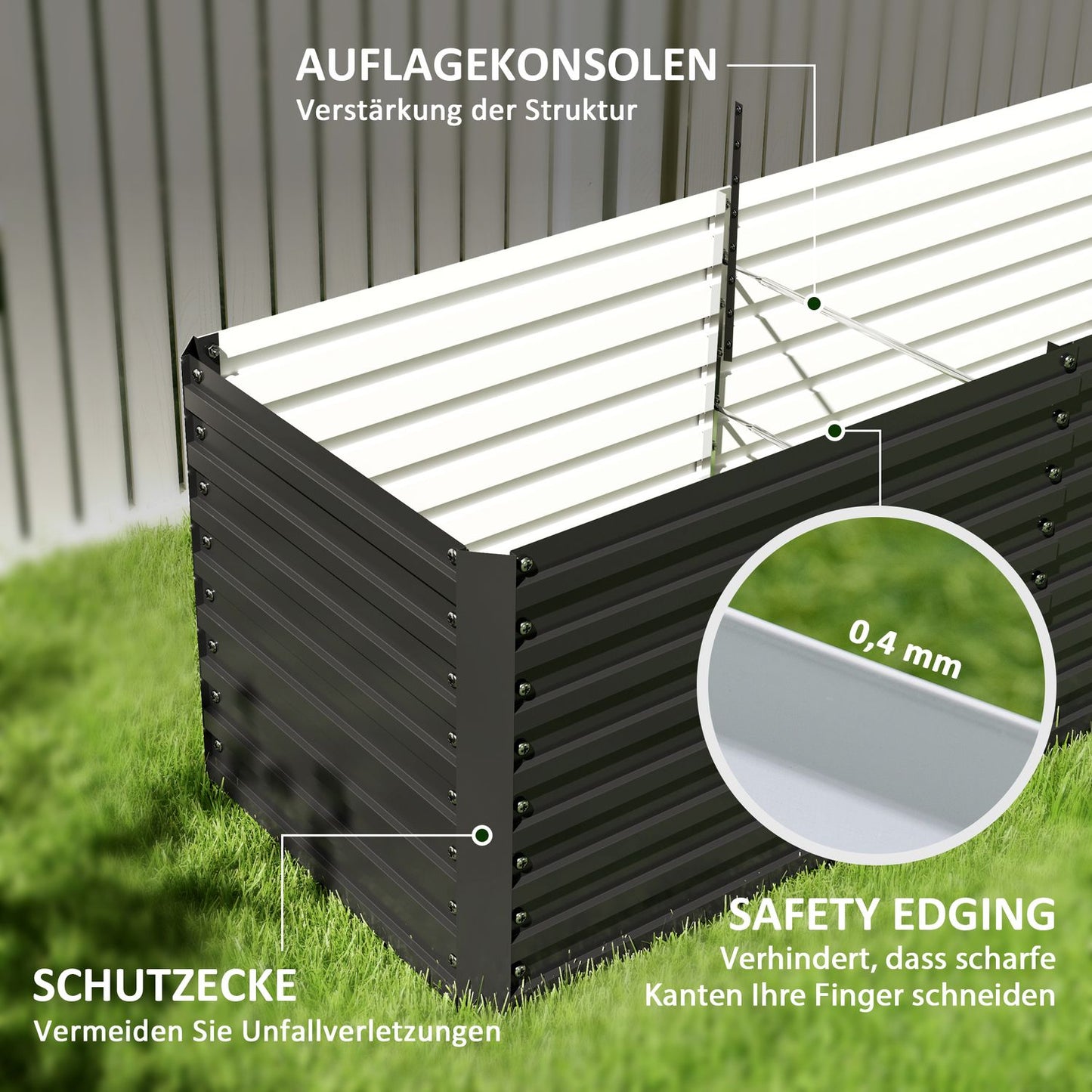 Raised garden bed in galvanized steel, weatherproof, 240x60x60 cm