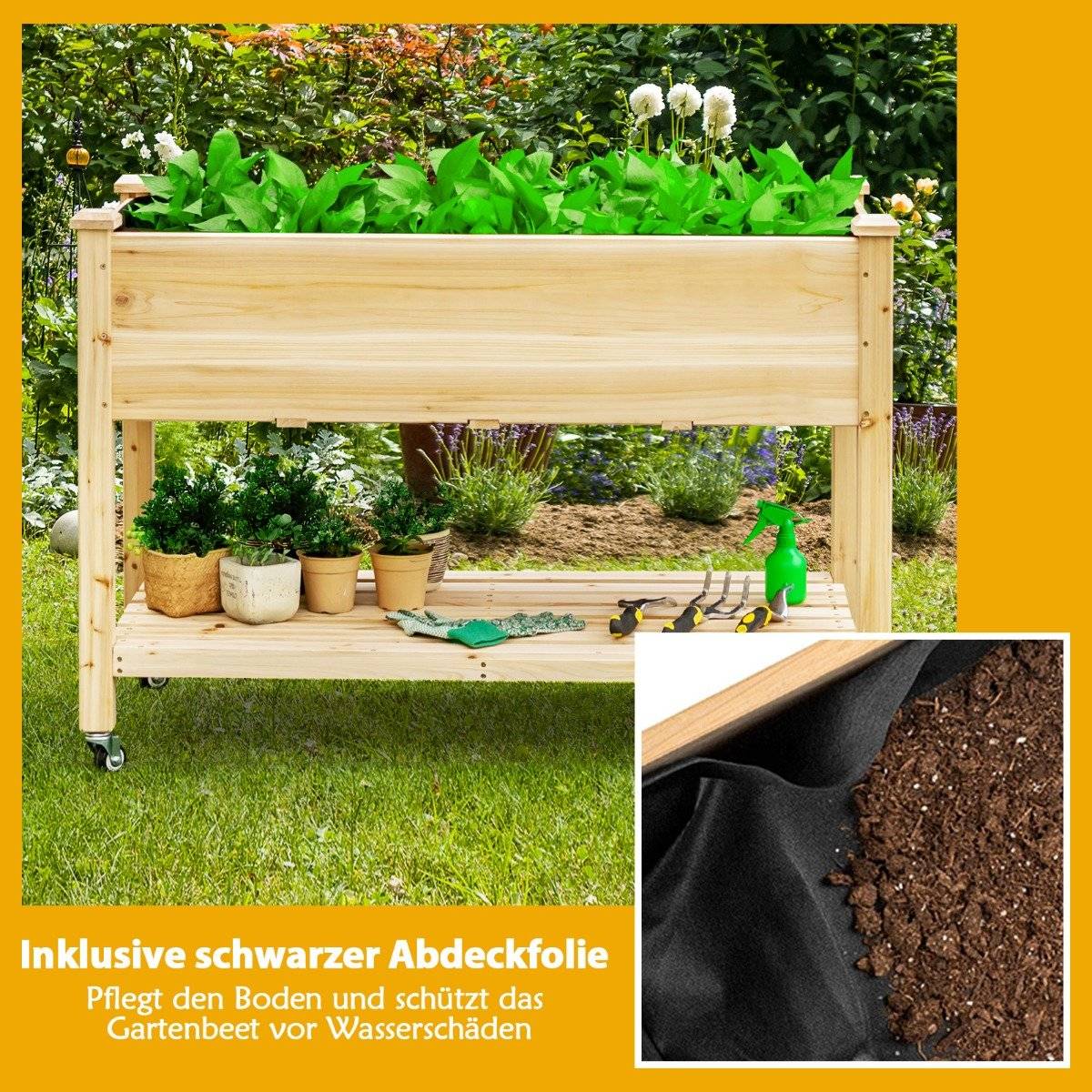 Raised garden bed planter made of wood with lockable wheels 120 x 59 x 84 cm natural