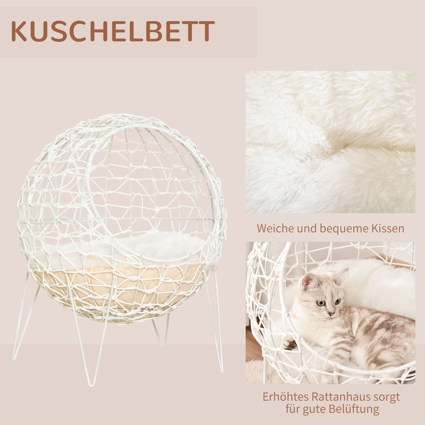 Root size cave with cushion, raised design, cream colored Ø45x57 Cm
