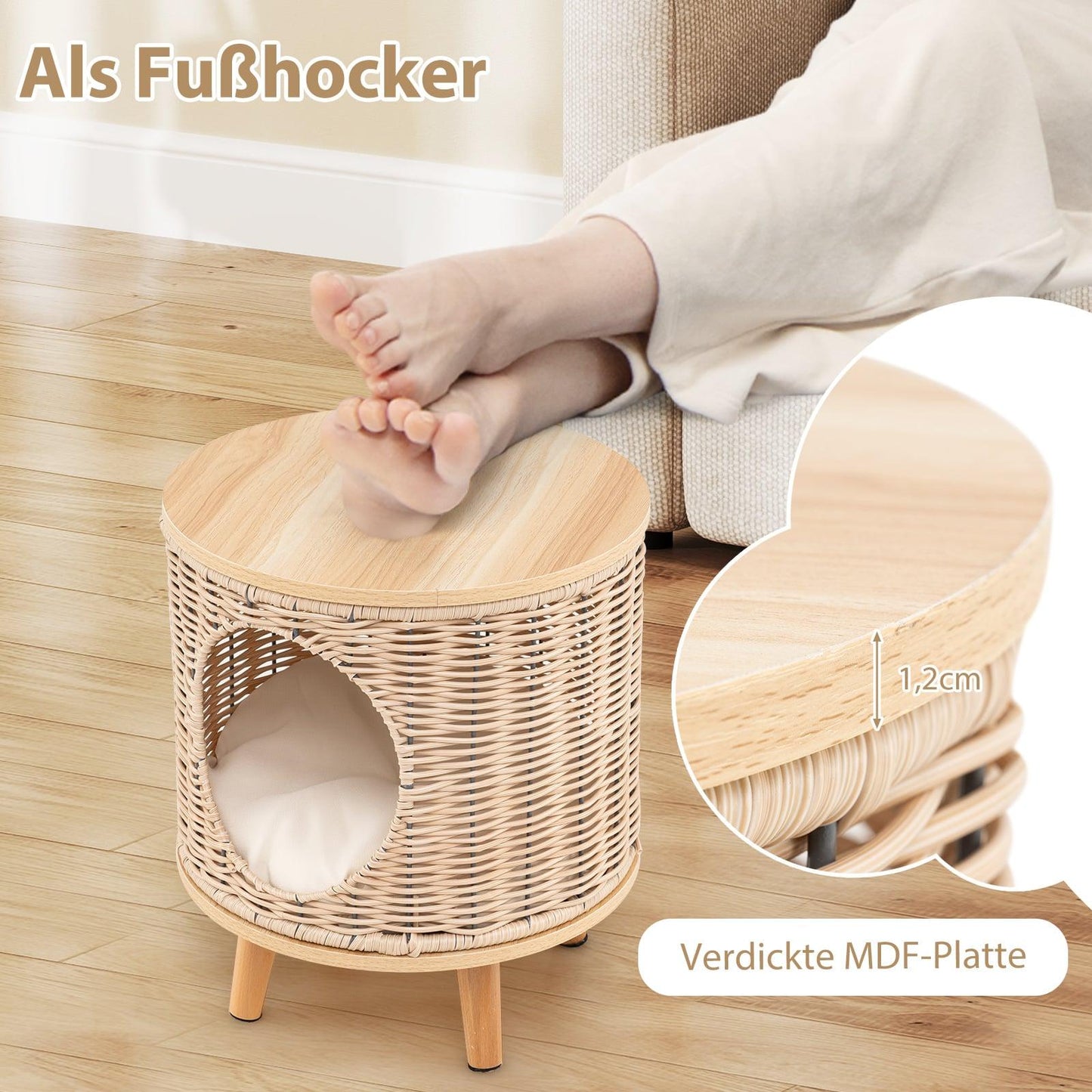 Rattan Cat Bed with Wood Legs & Removable Cushion