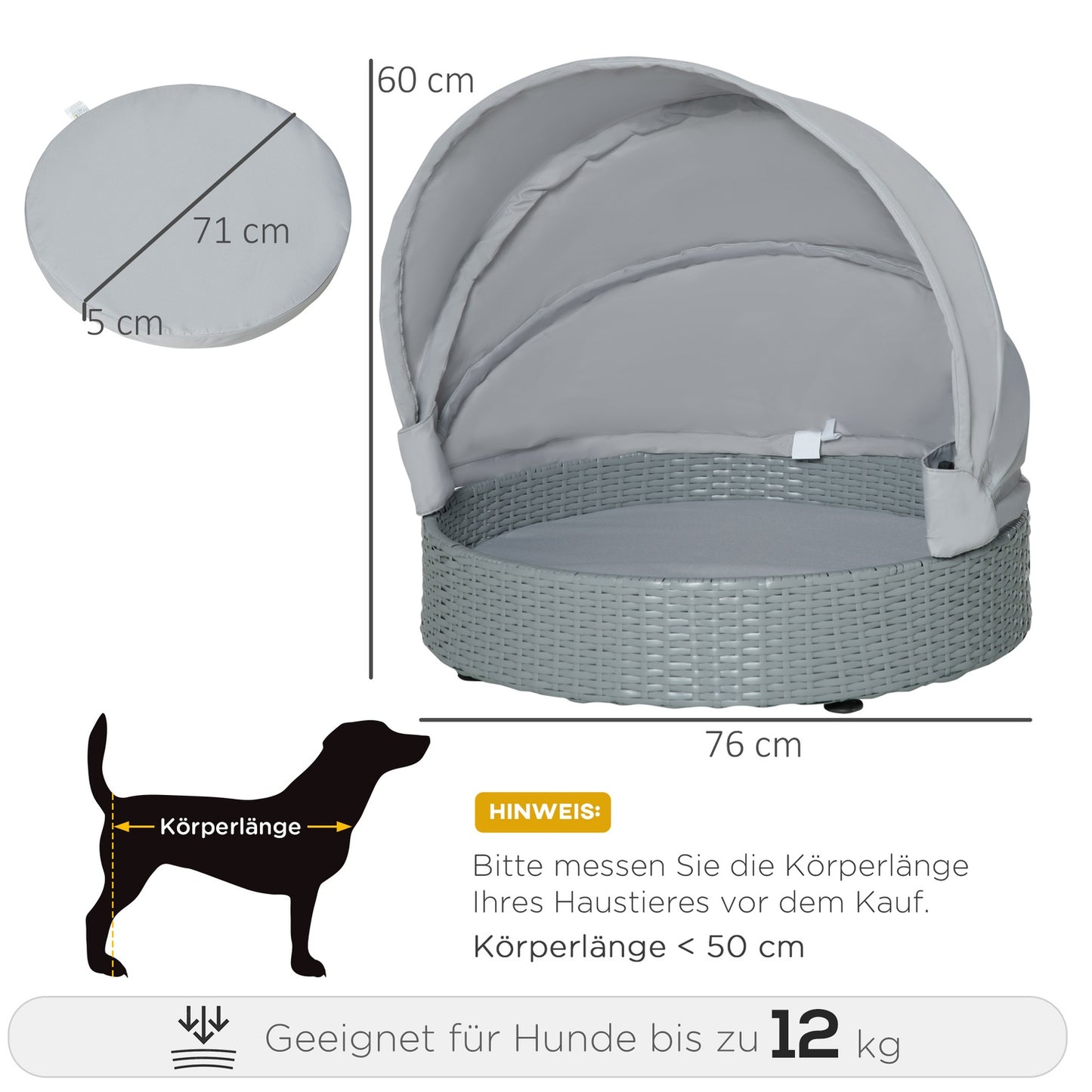 Outdoor rattan dog house with Cushion - Grey, 76x76x60 cm