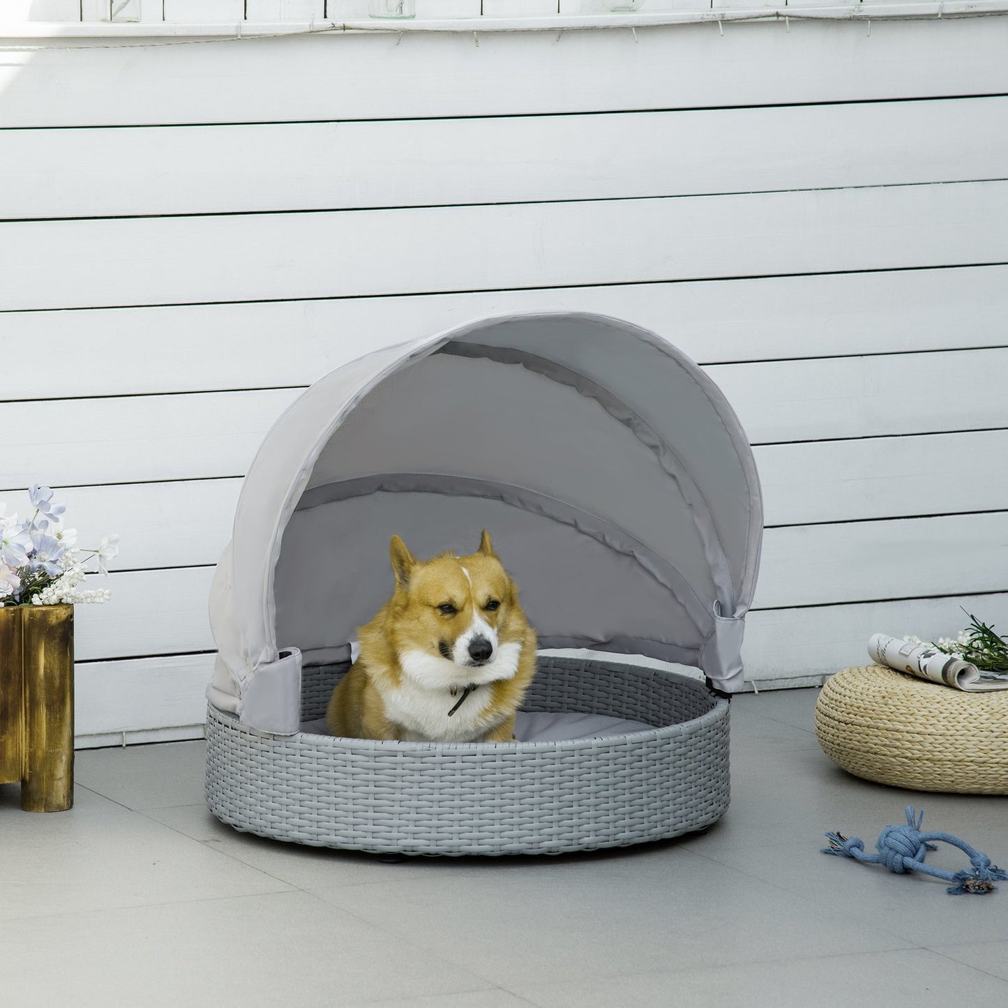 Outdoor rattan dog house with Cushion - Grey, 76x76x60 cm