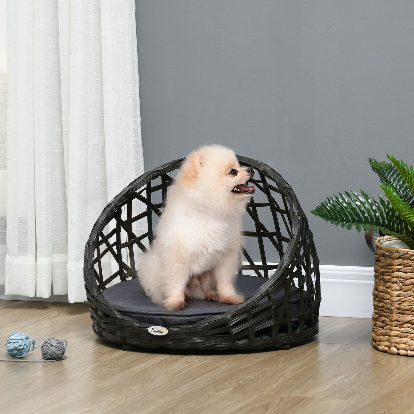 Rattan dog kennel with cushion, indoor & outdoor, black/grey