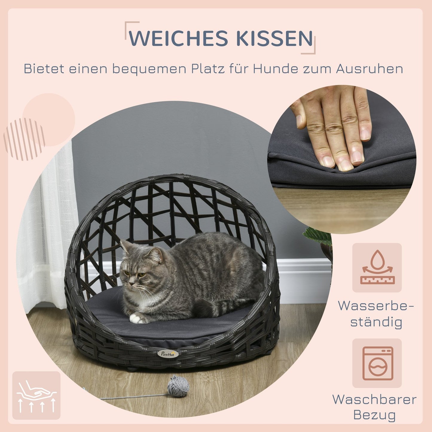 Rattan dog kennel with cushion, indoor & outdoor, black/grey