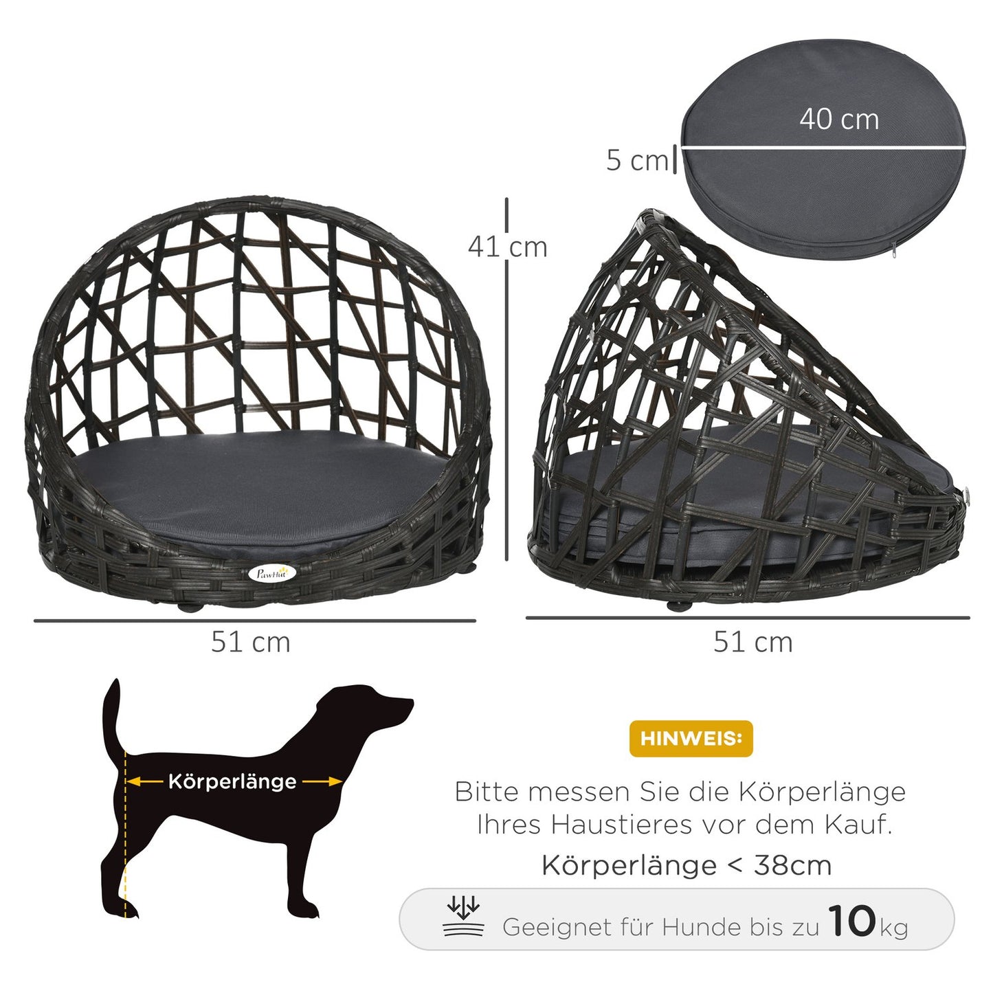 Rattan dog kennel with cushion, indoor & outdoor, black/grey