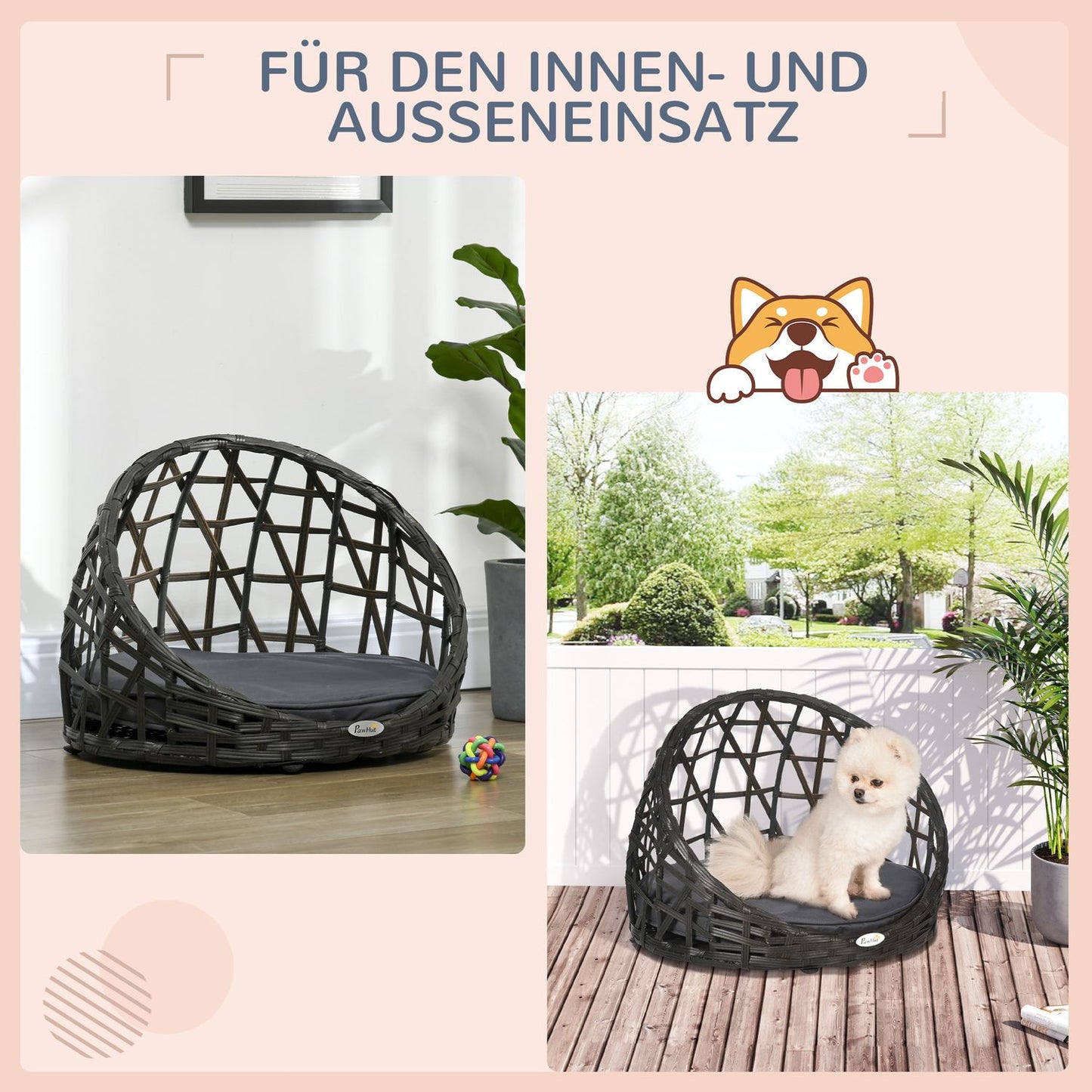 Rattan dog kennel with cushion, indoor & outdoor, black/grey