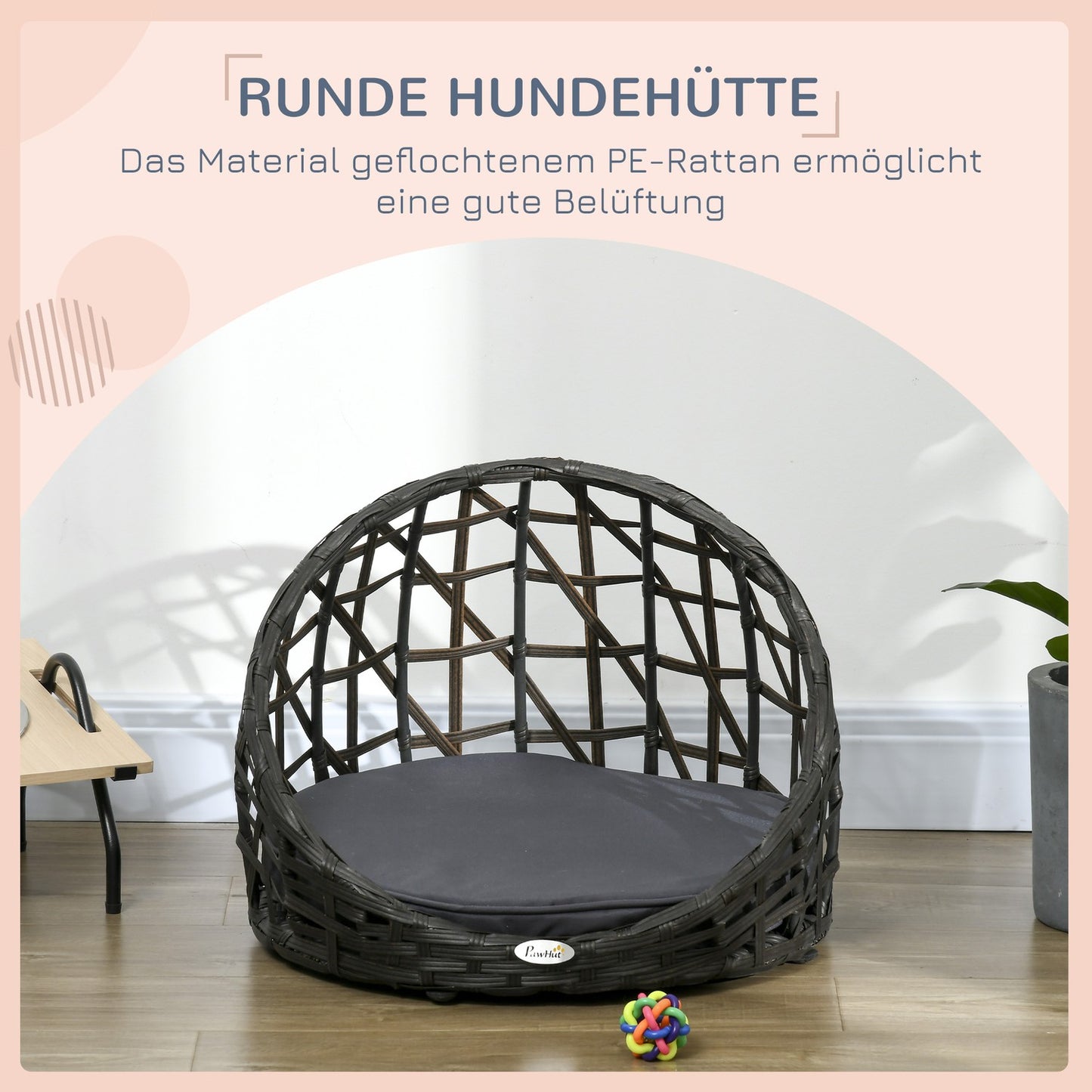 Rattan dog kennel with cushion, indoor & outdoor, black/grey
