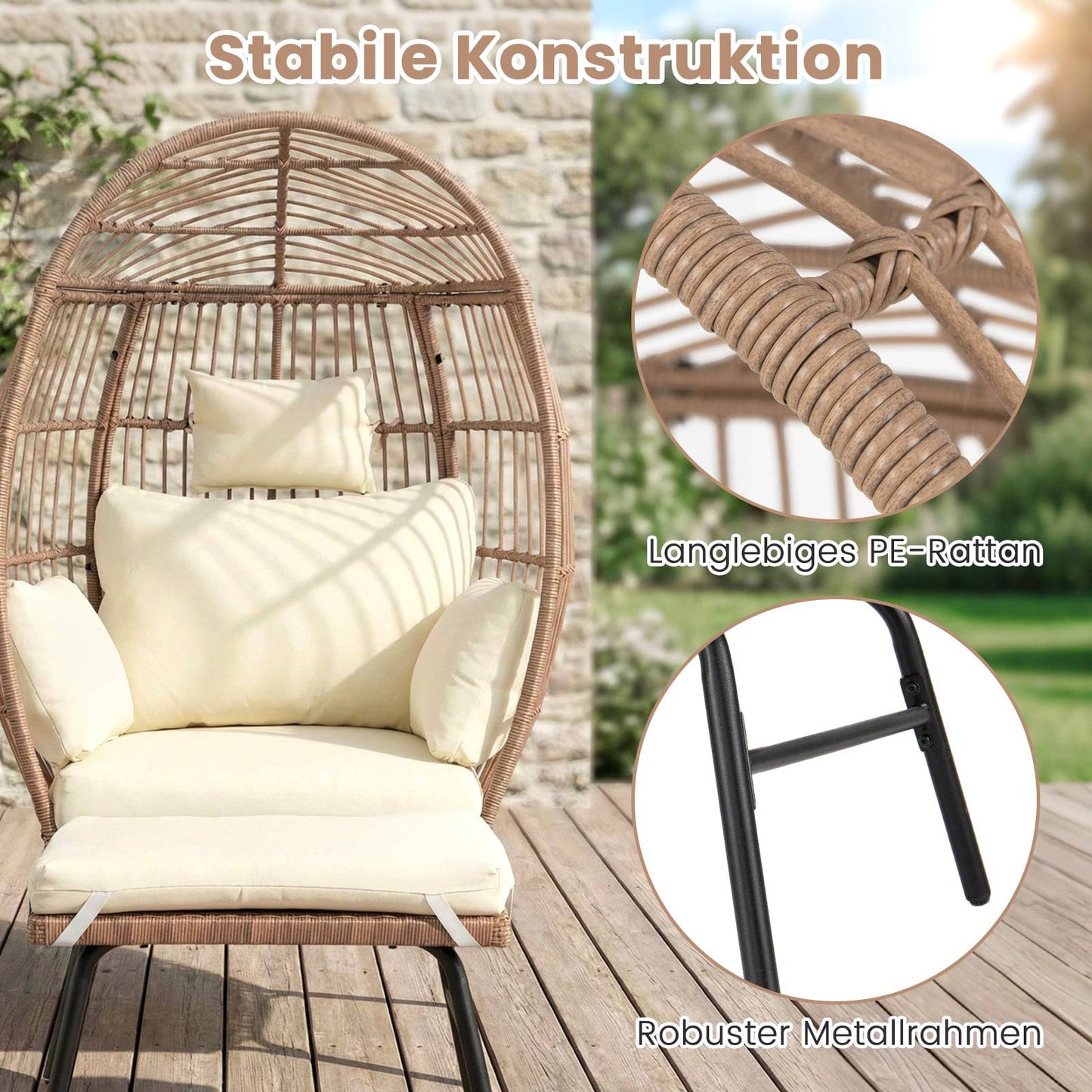Rattan Egg Chair with Ottoman, Cushions for Indoor/Outdoor