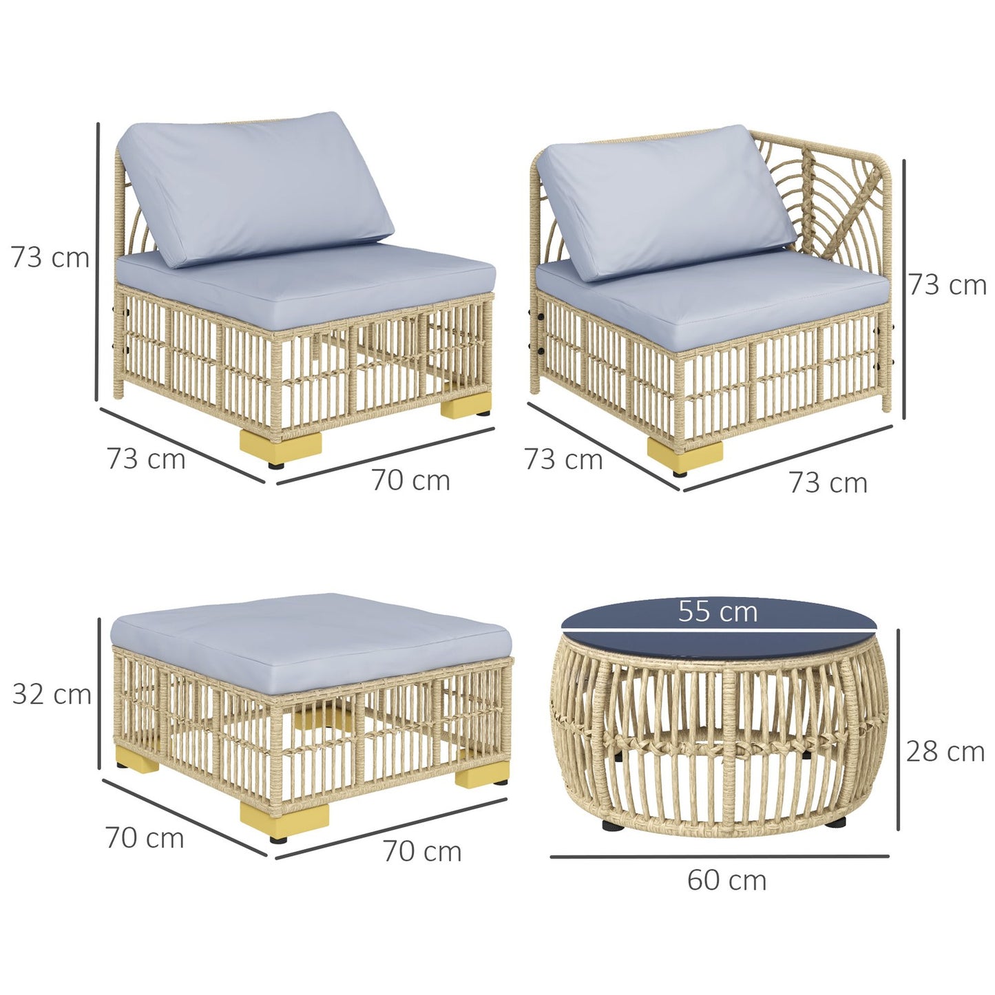 Rattan 5-piece garden furniture set with cushions, light grey