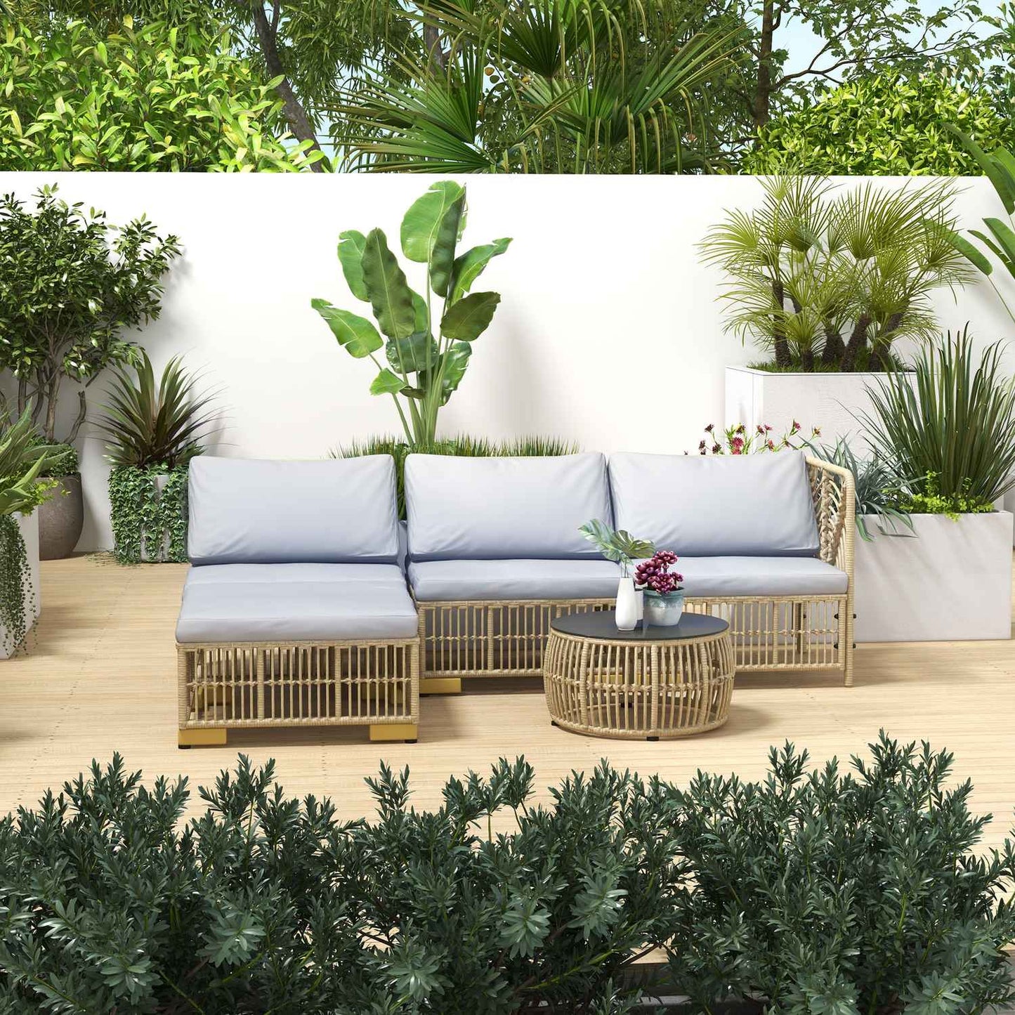 Rattan 5-piece garden furniture set with cushions, light grey