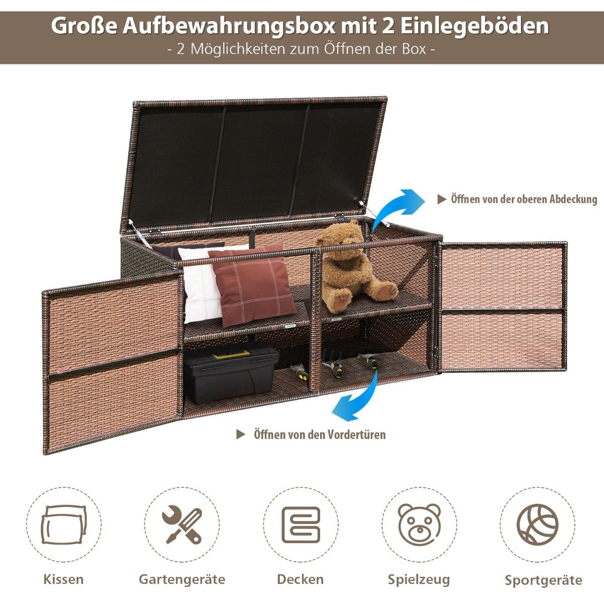 Rattan Patio Box with 335L Capacity Steel Frame for Storage Brown