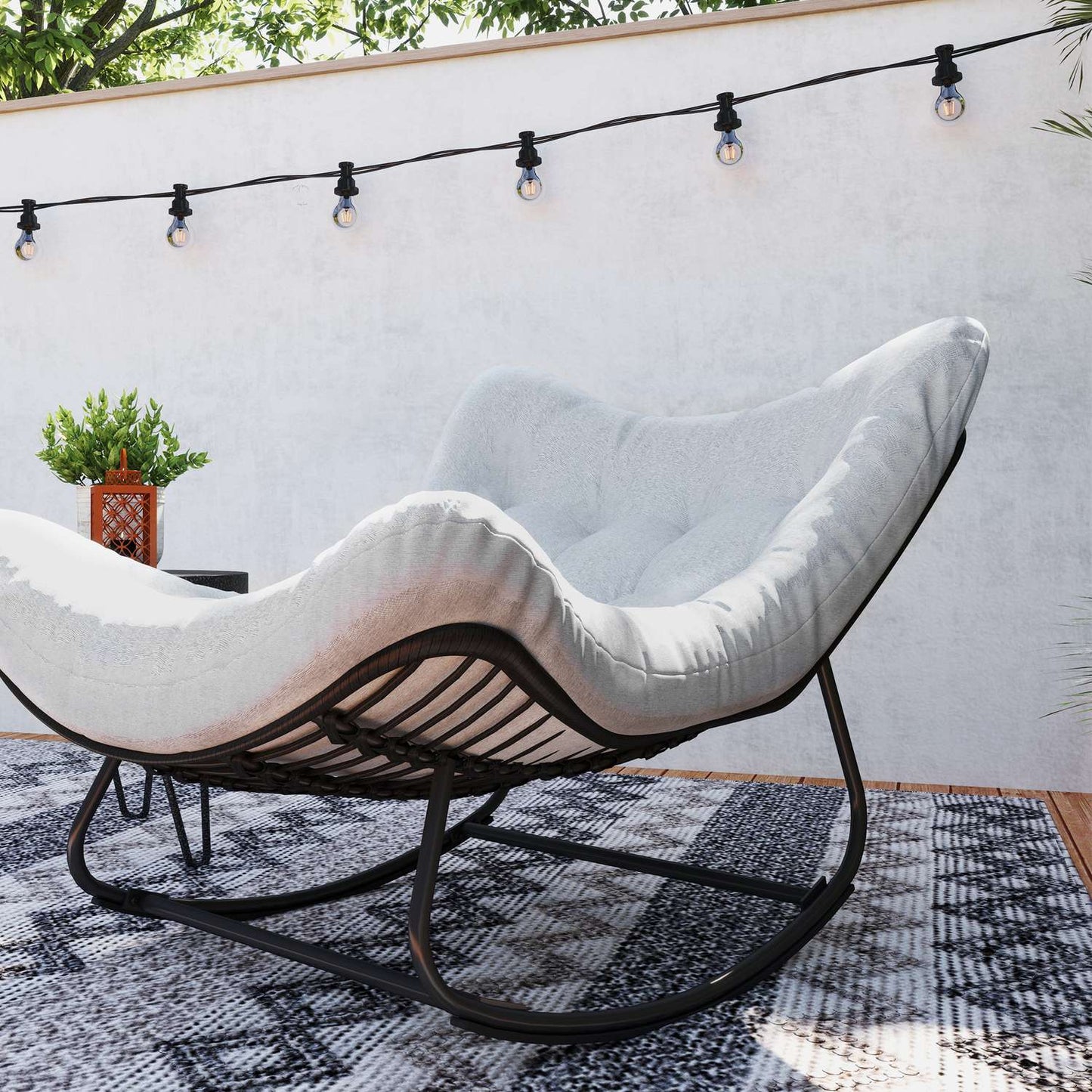 Rattan Rocking Garden Bench with steel frame and cushion