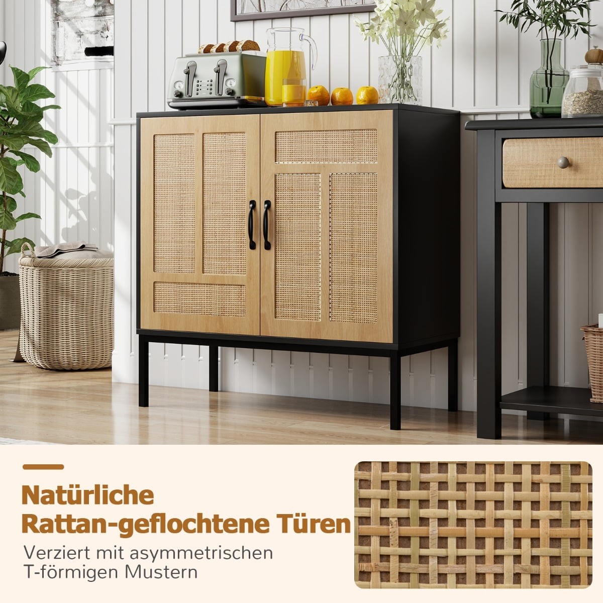 Rattan Sideboard, Adjustable Shelf, 2 Doors, Black