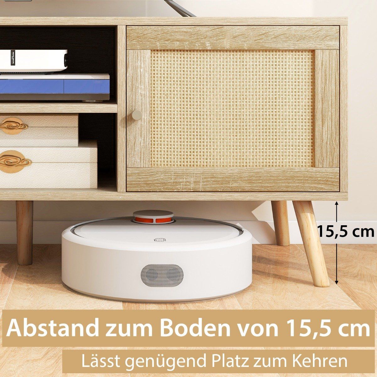 Rattan TV cabinet with 2 doors & open compartments for TVs up to 55 inches 120 x 40 x 48.5 cm