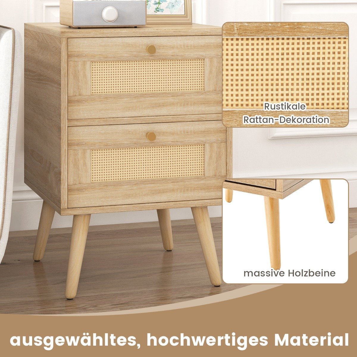 Rattan bedside table in boho style with 2 drawers & solid wood legs Modern bedside table