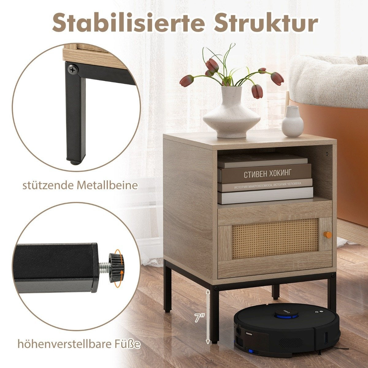 Rattan bedside table with open shelf and cupboard 40 x 40 x 57 cm natural