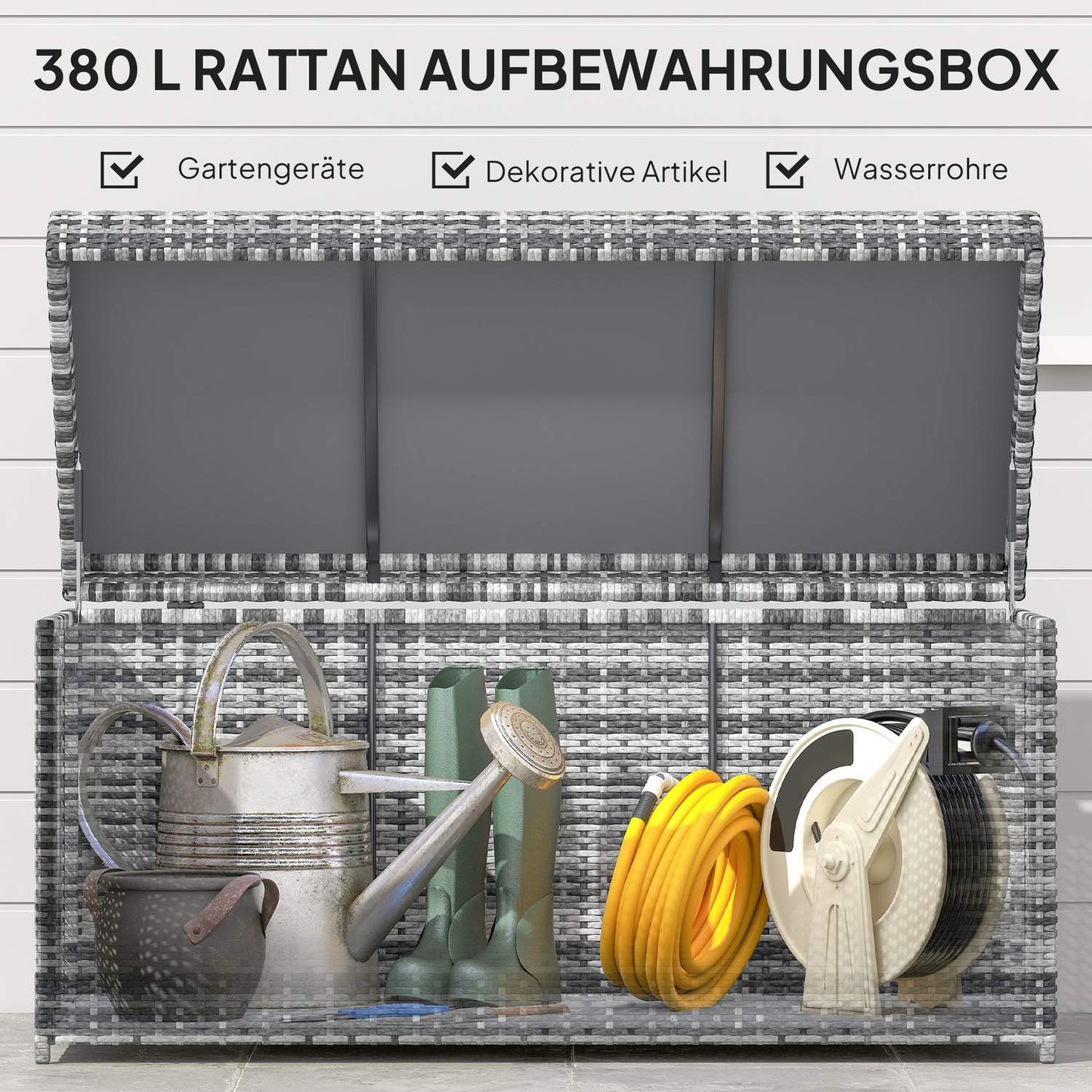 Rattan Storage Box, 380L, Weatherproof, Dark Grey