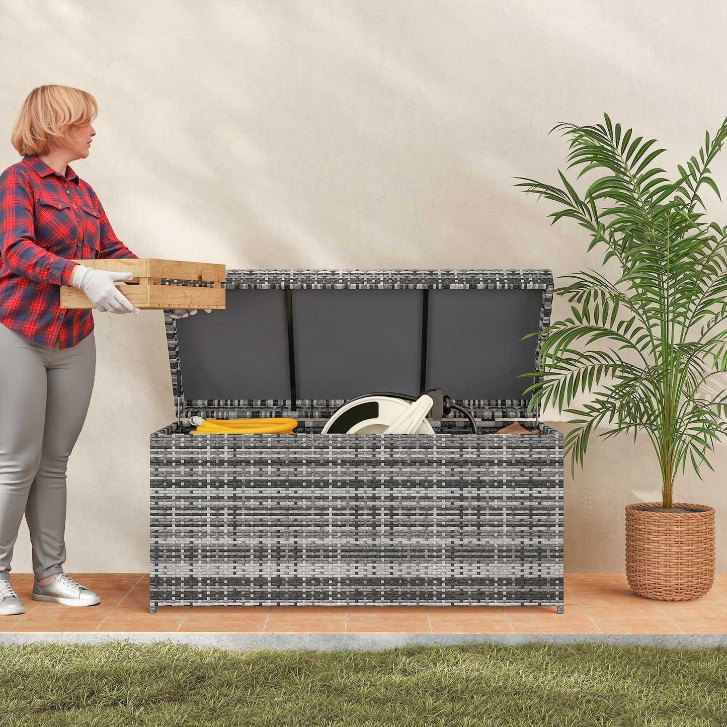 Rattan Storage Box, 380L, Weatherproof, Dark Grey