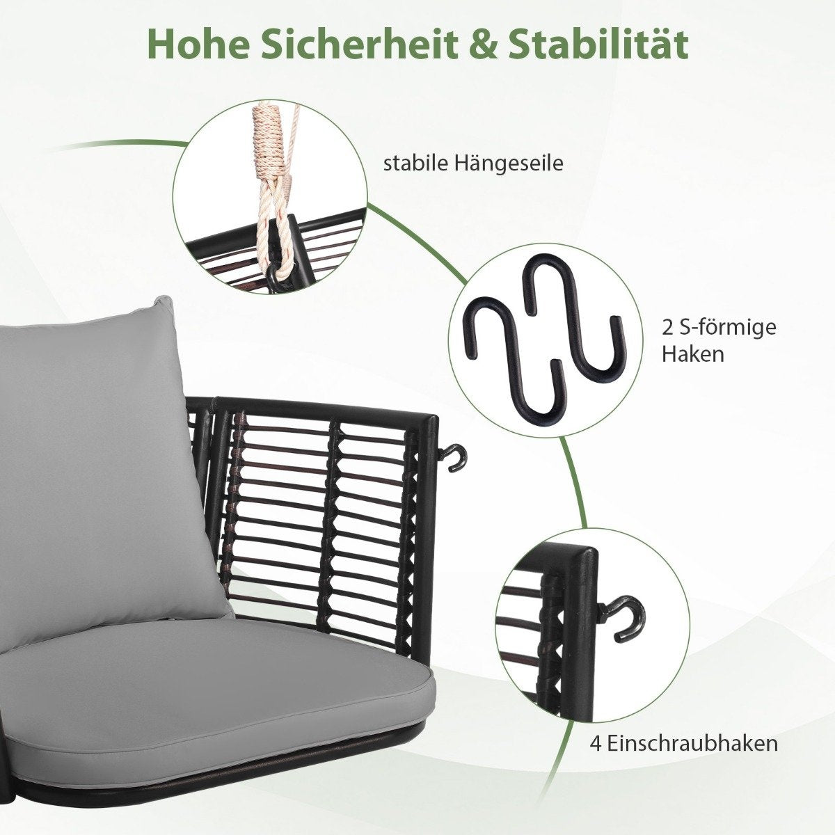 Rattan hanging chair with a load capacity of up to 180 kg, hanging seat with cushions & Gray metal frame