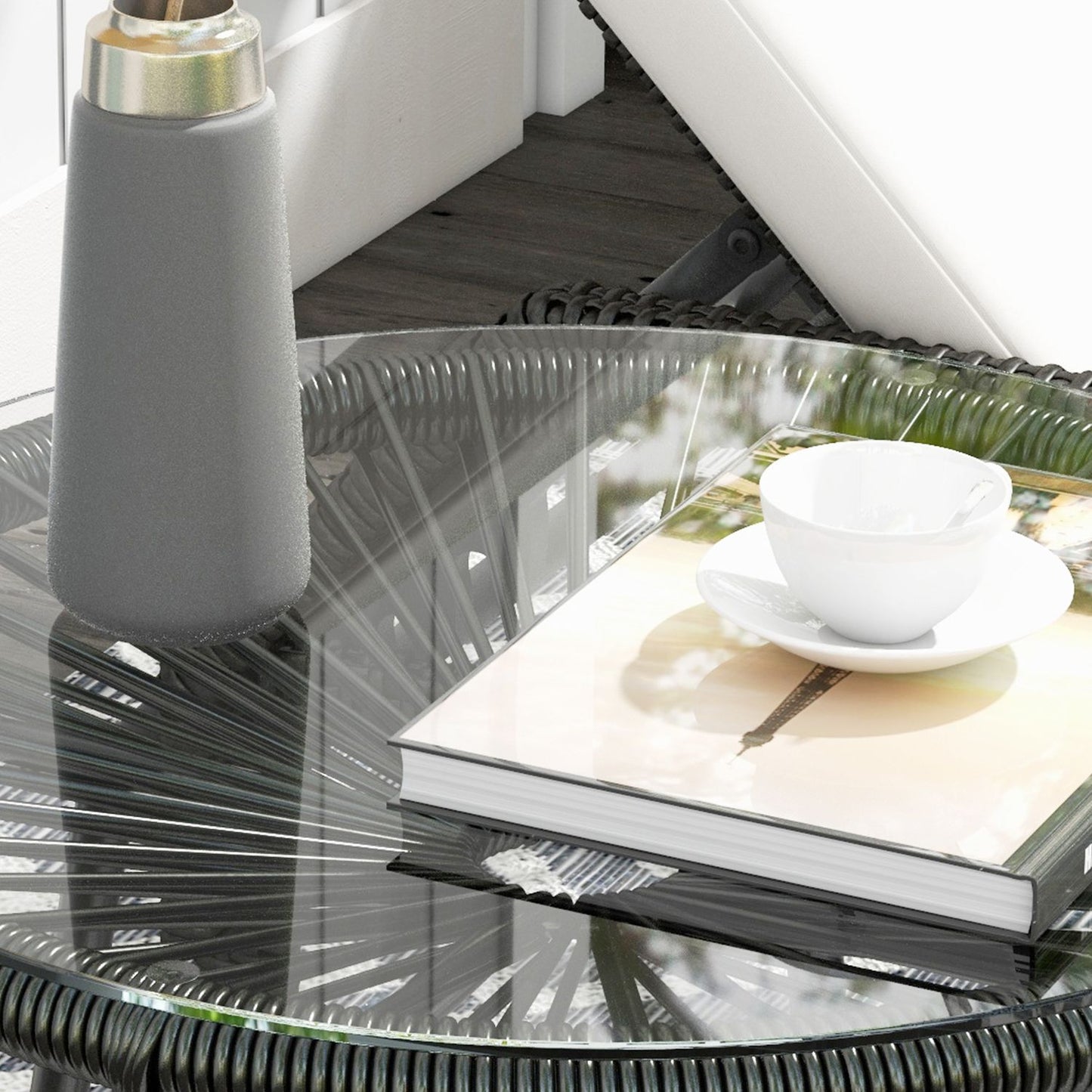 Round rattan coffee table, Glass top, Black, 50x50x50cm