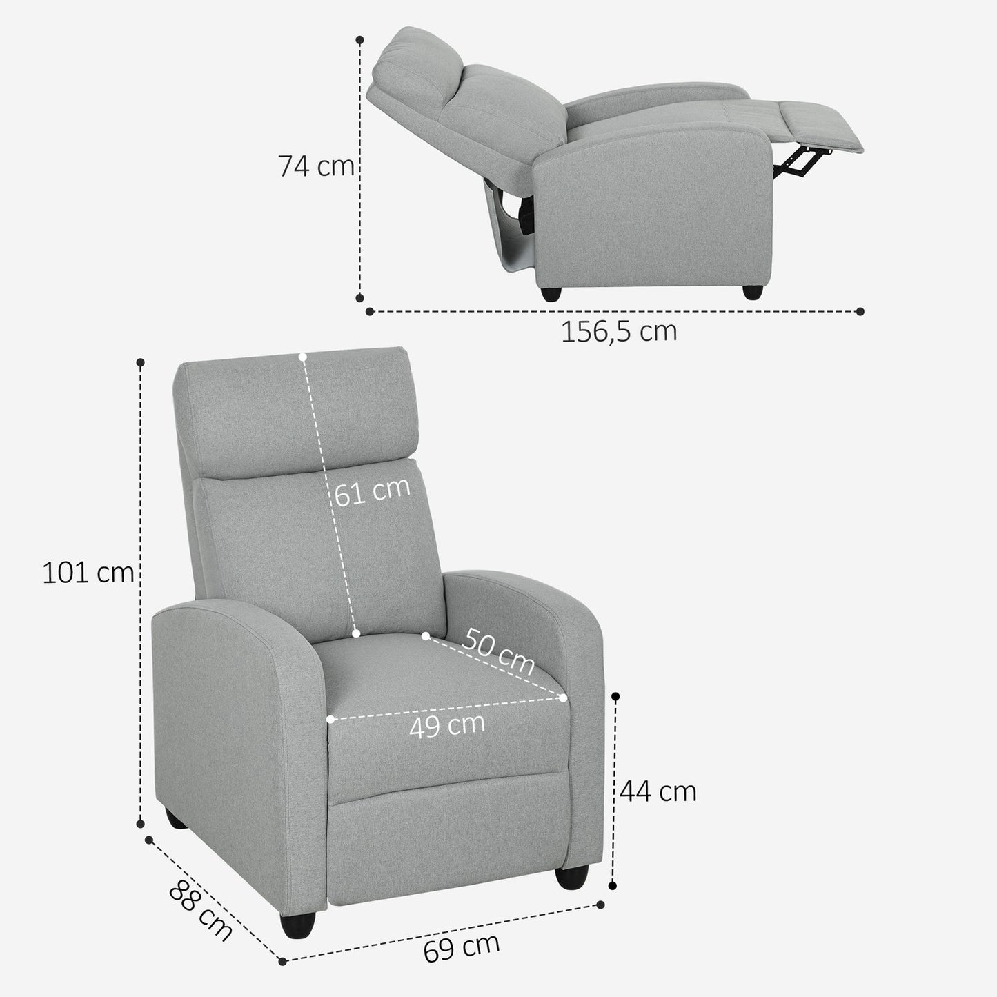 Recliner Chair, Adjustable 135°, Linen-Polyester, Light Grey