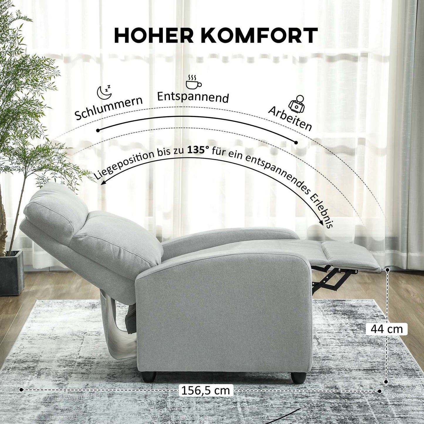 Recliner Chair, Adjustable 135°, Linen-Polyester, Light Grey