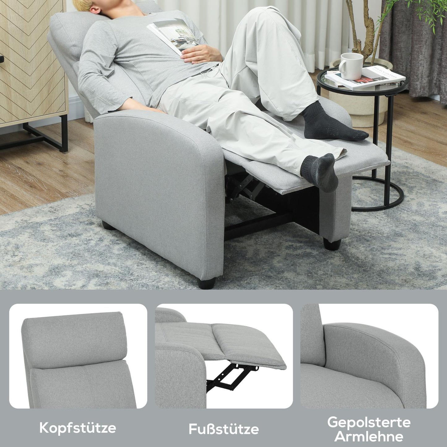 Recliner Chair, Adjustable 135°, Linen-Polyester, Light Grey
