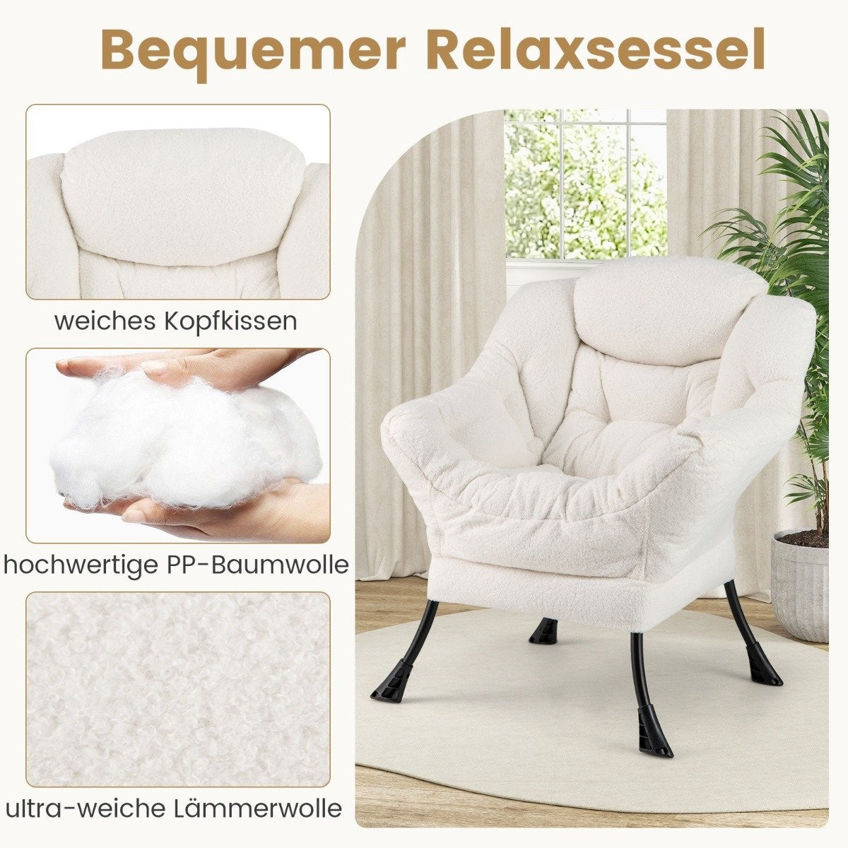 Recliner Chair with Armrests, Ottoman, Beige Sherpa