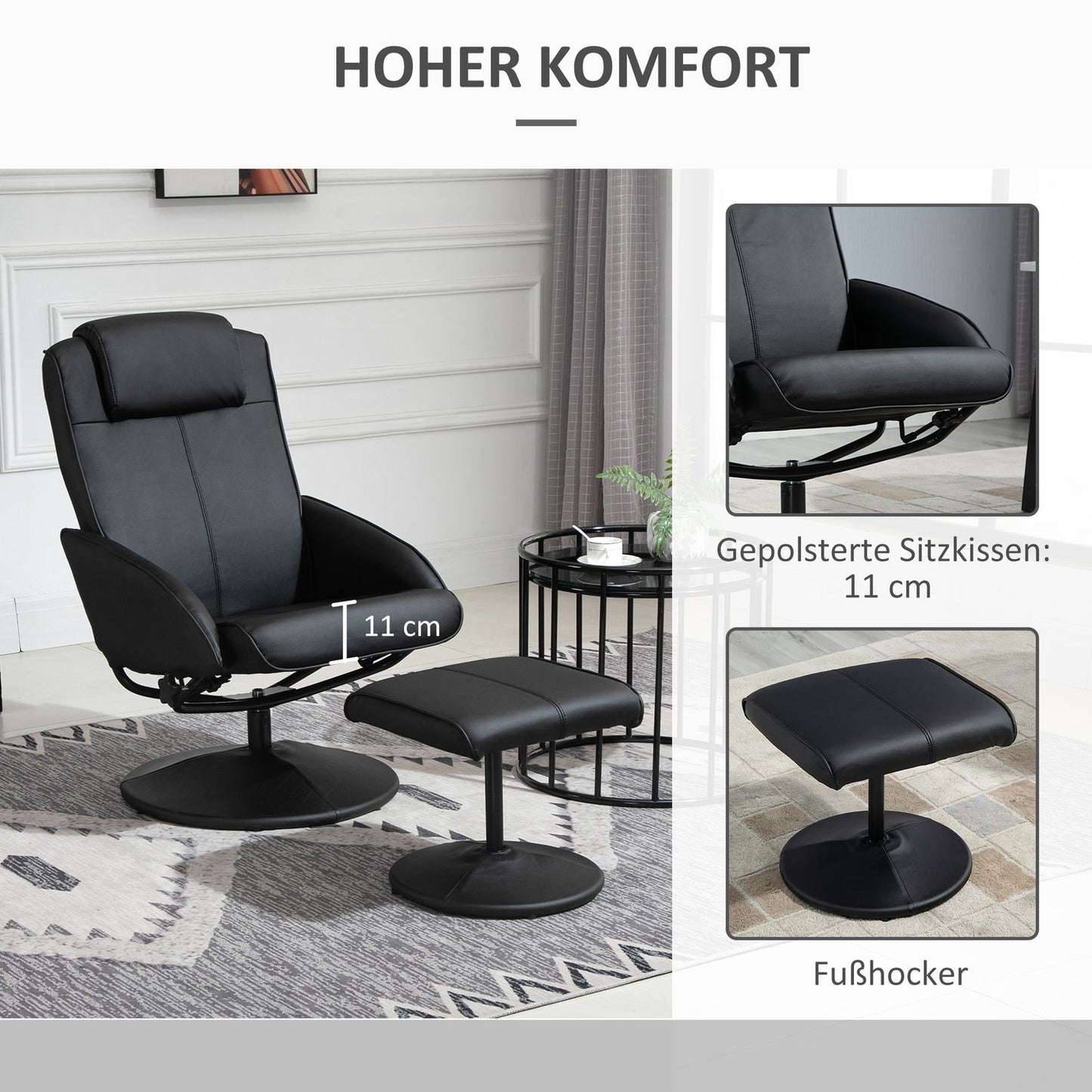 Recliner Chair with Ottoman, Faux Leather, Black, Adjustable