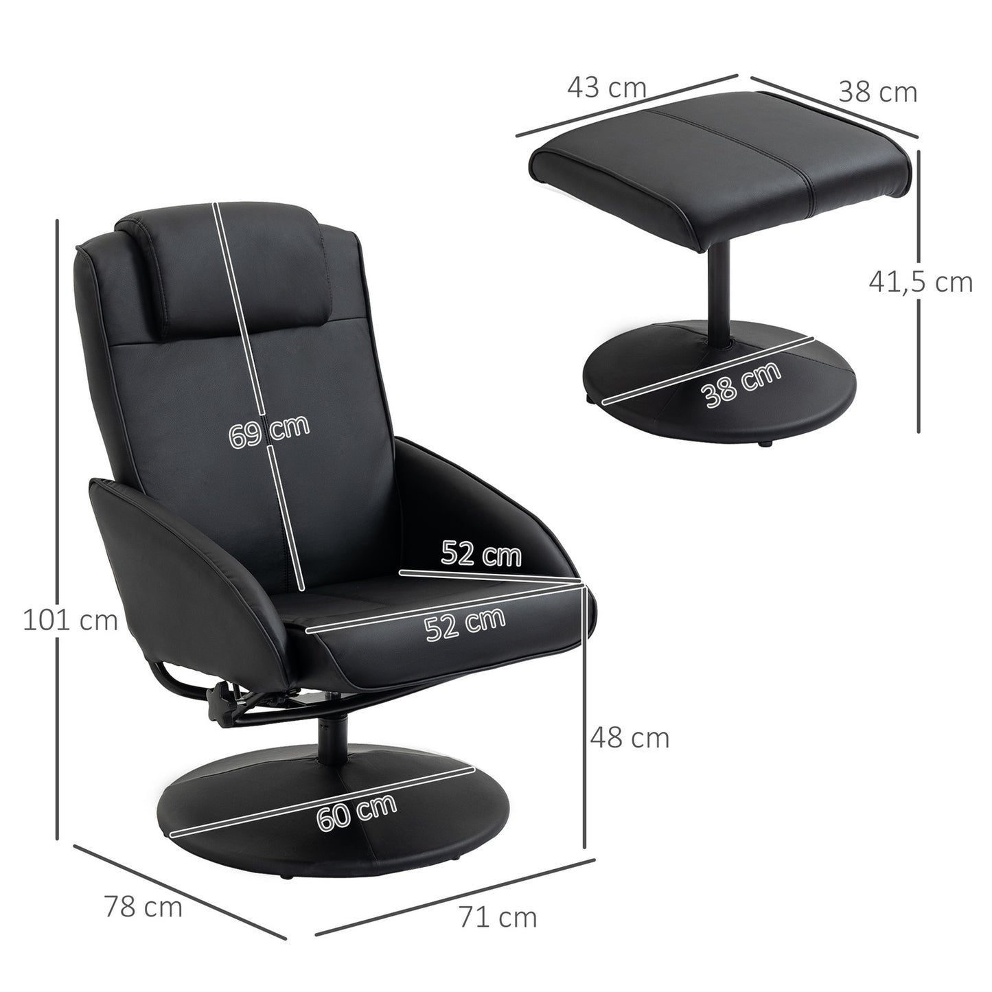 Recliner Chair with Ottoman, Faux Leather, Black, Adjustable